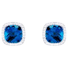 Pendientes de topacio azul de Londres Halo de diamantes 3,40 quilates Oro blanco de 18 quilates