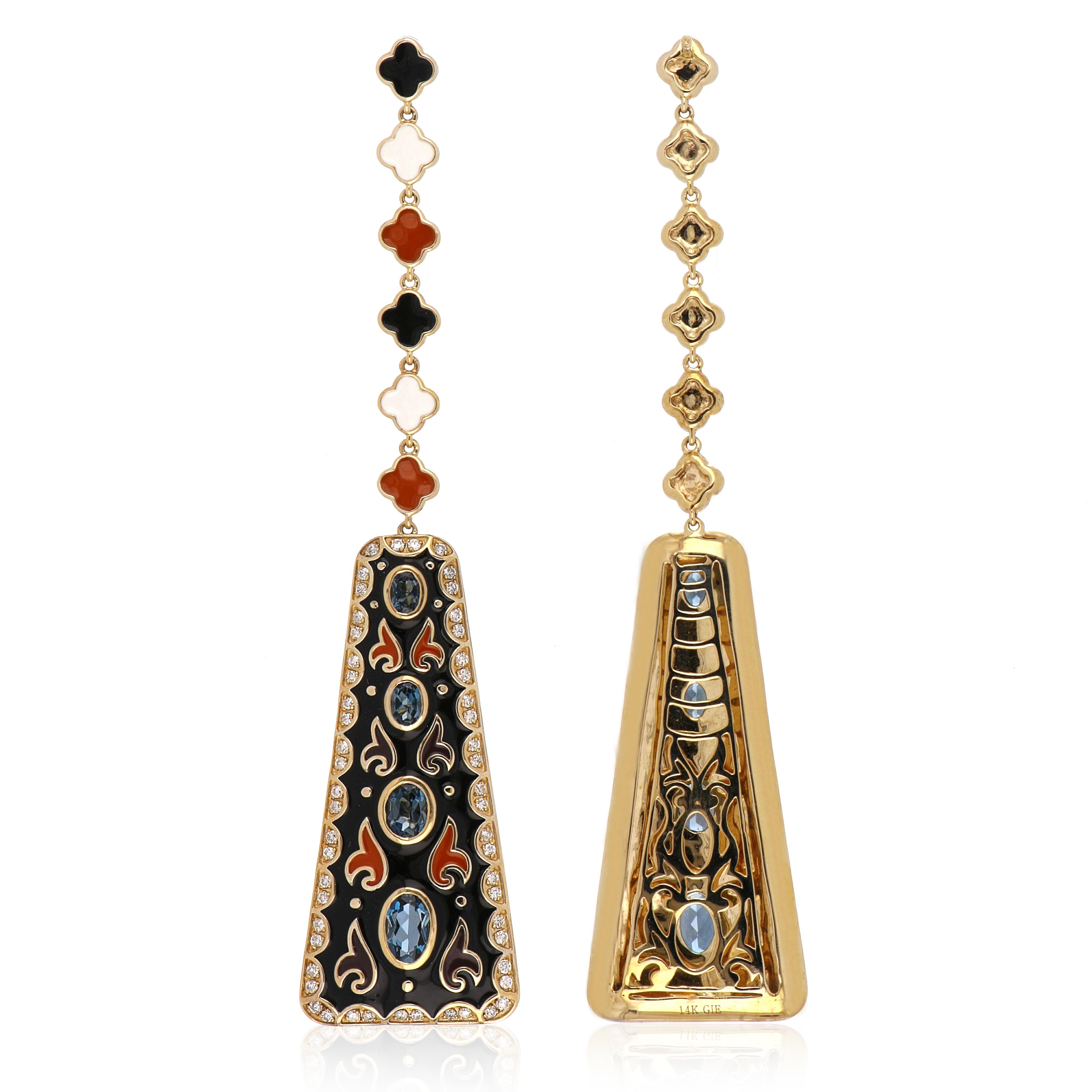 Oval Cut London Blue Topaz Studded Enamel Earrings in 14 Karat Gold For Sale