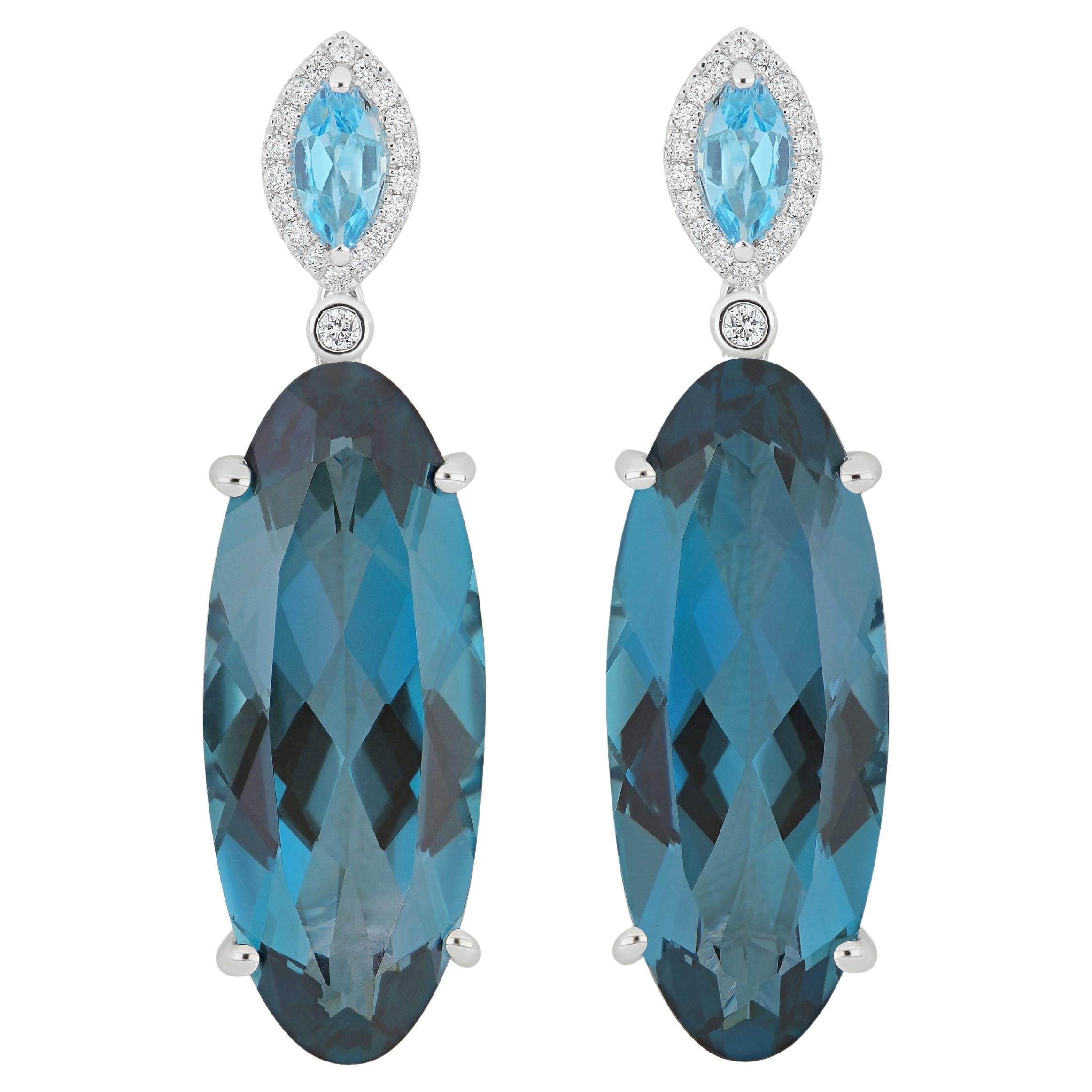 London Blue Topaz, Swiss Blue Topaz and Diamond Earring 18k White Gold