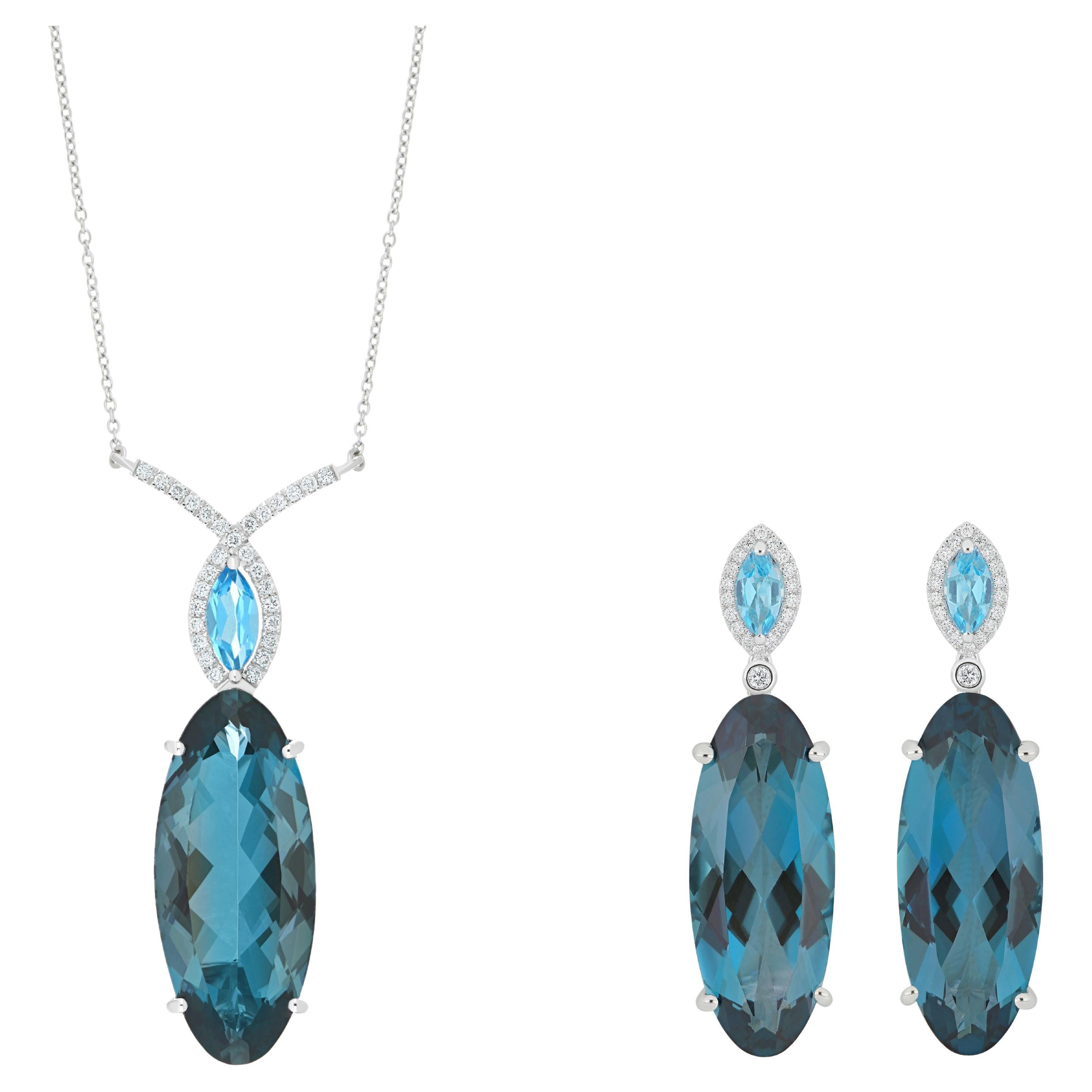 London Blue Topaz, Swiss Blue Topaz and Diamond Earring & Pendant Set 18k Gold