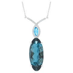 London Blue Topaz, Swiss Blue Topaz & Diamond Pendant 18k White Gold with Chain
