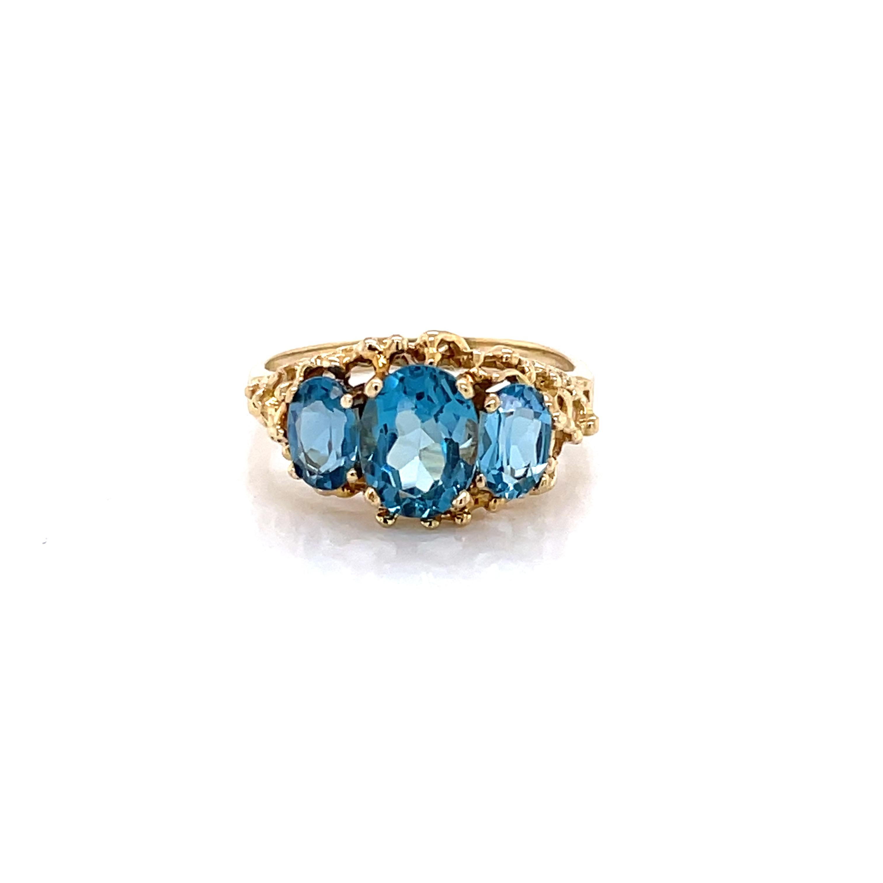 Women's London Blue Topaz Three Stone 10 Karat Yellow Gold Ring