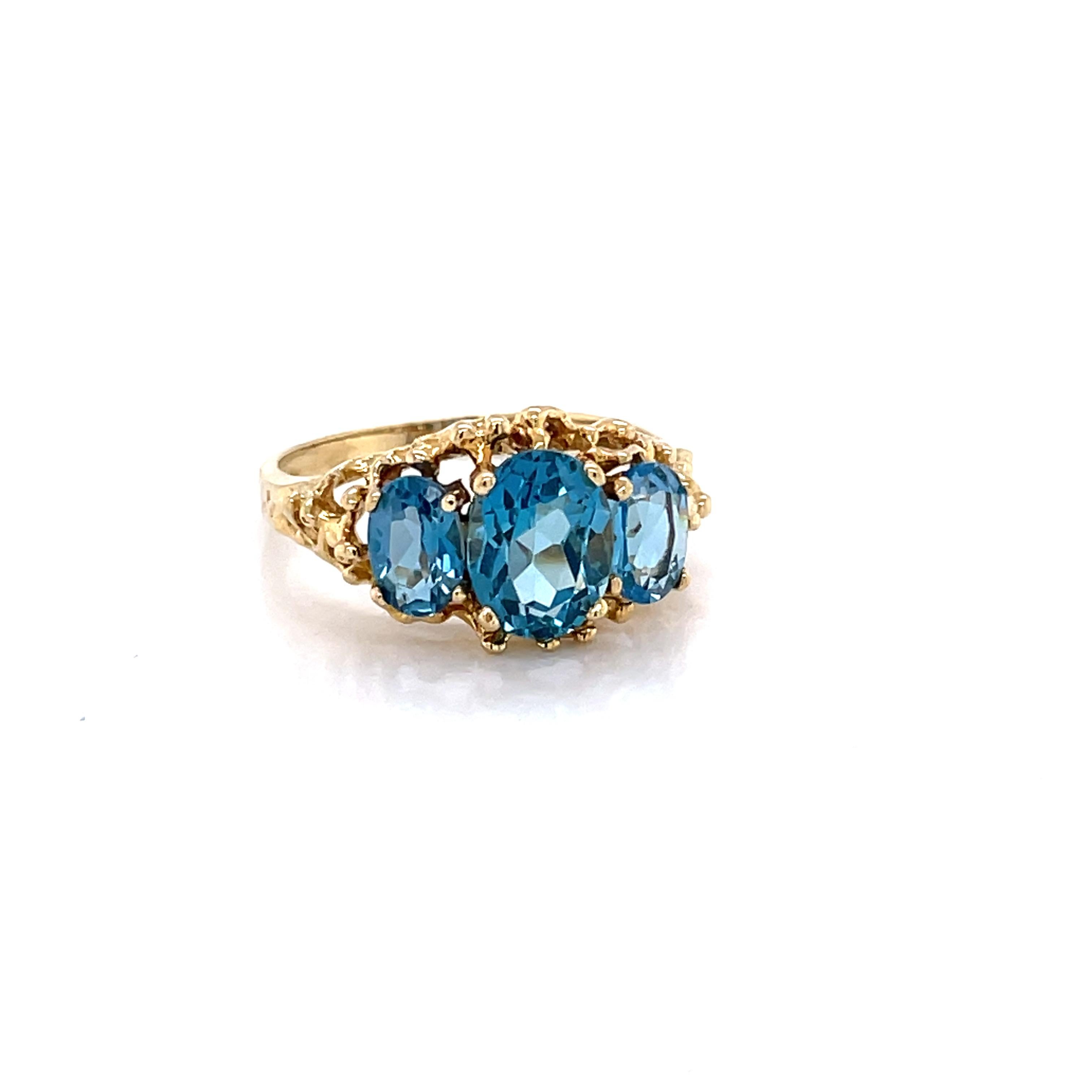 London Blue Topaz Three Stone 10 Karat Yellow Gold Ring 1