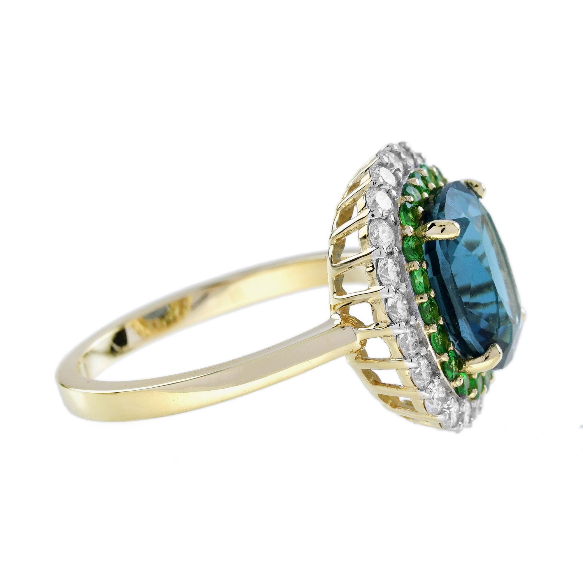 Anillo con doble halo de topacio azul de Londres, tsavorita y diamantes en oro amarillo de 18 quilates Art Decó en venta