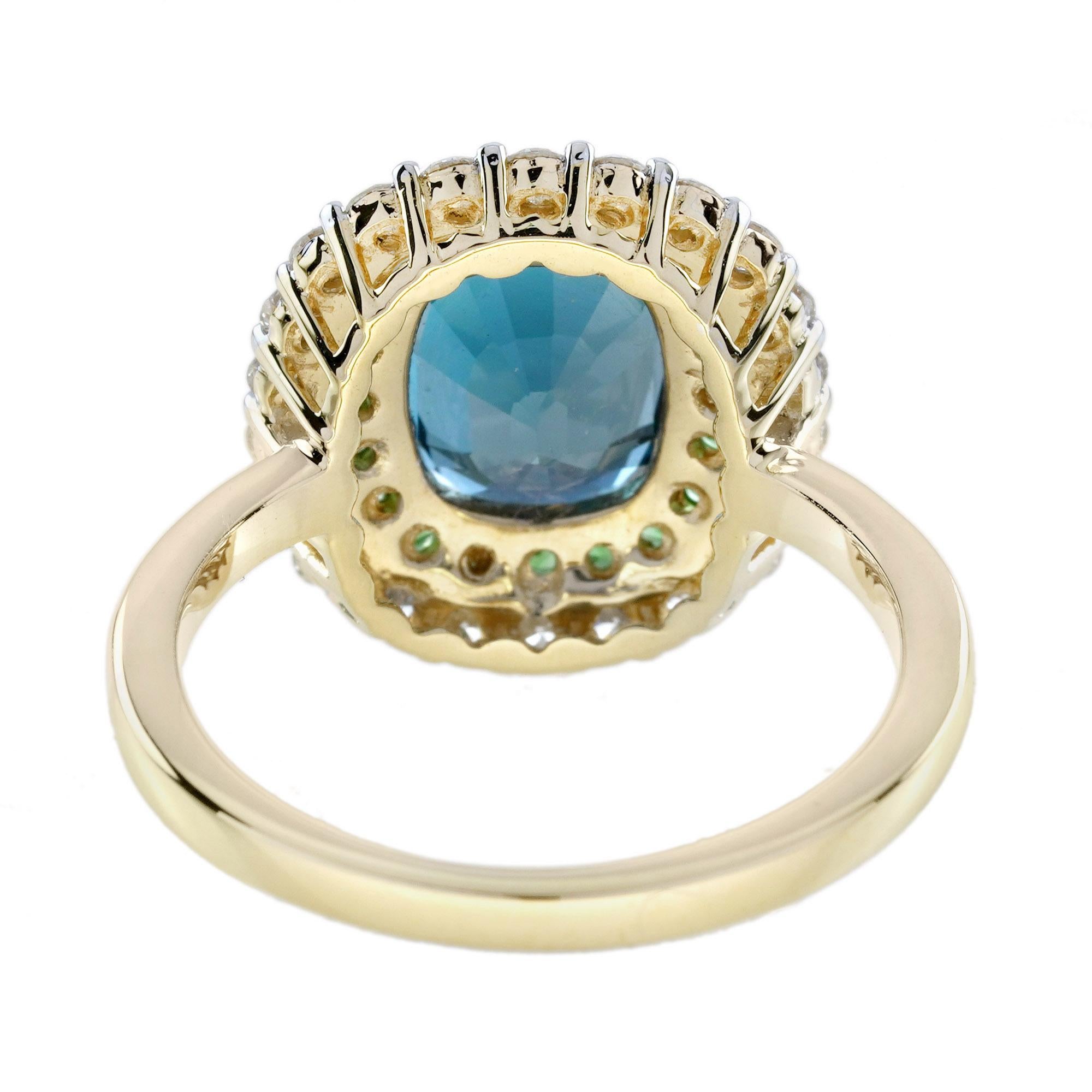 Anillo con doble halo de topacio azul de Londres, tsavorita y diamantes en oro amarillo de 18 quilates Corte cojín en venta