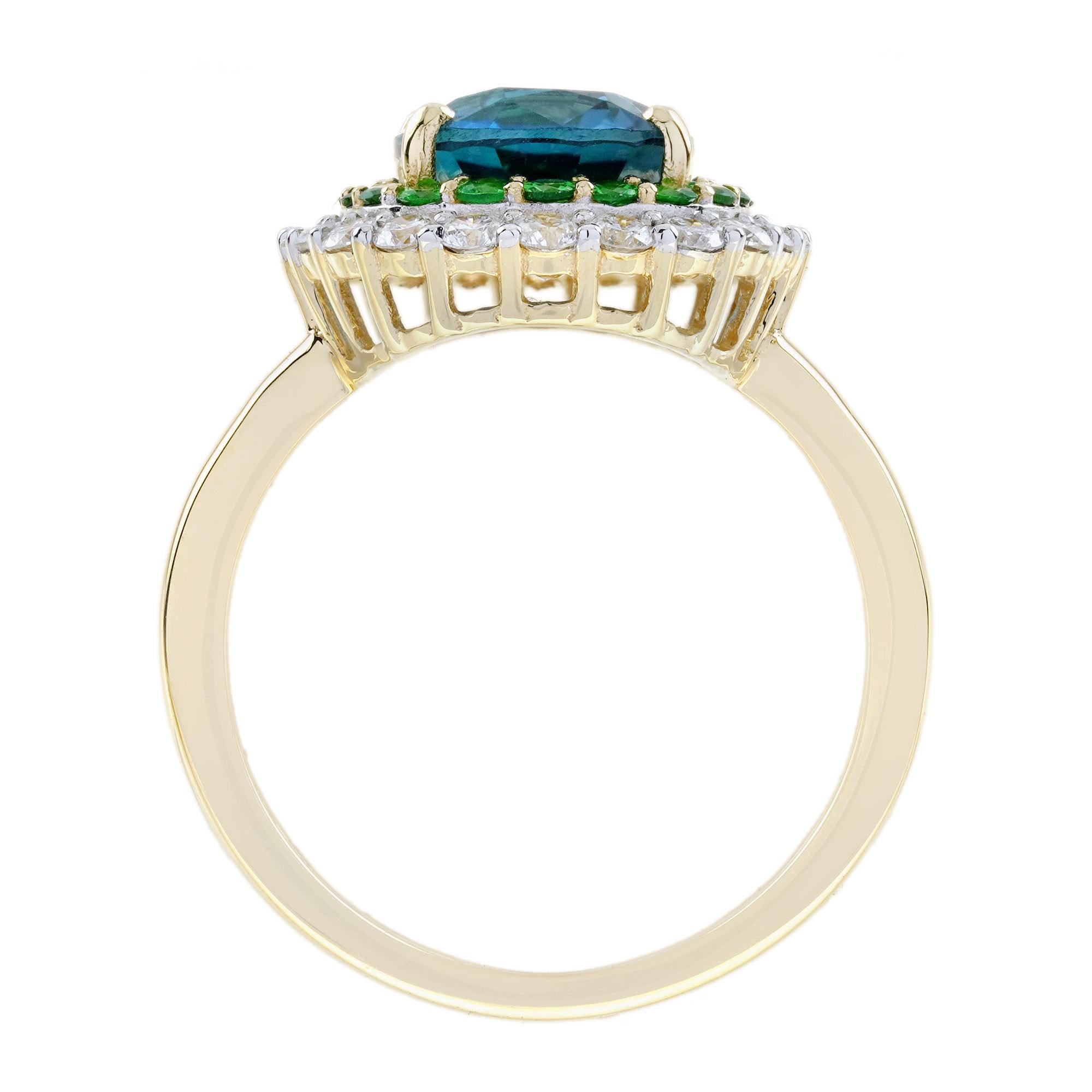 Anillo con doble halo de topacio azul de Londres, tsavorita y diamantes en oro amarillo de 18 quilates en Nuevo estado para la venta en Bangkok, TH