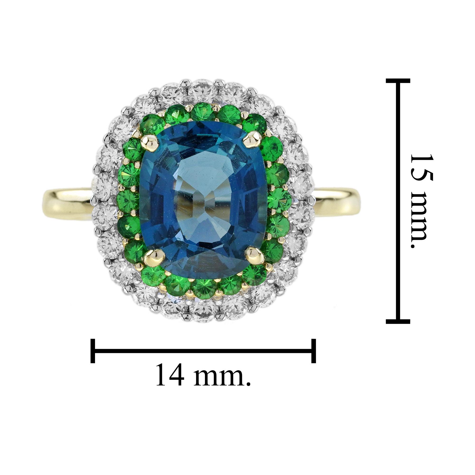 De las mujeres Anillo con doble halo de topacio azul de Londres, tsavorita y diamantes en oro amarillo de 18 quilates en venta