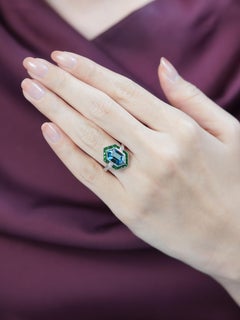 London Blue Topaz Tsavorite Diamond Art Deco Style Engagement Ring in 14K Gold