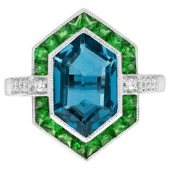 London Blue Topaz Tsavorite Diamond Art Deco Style Engagement Ring in 14K Gold
