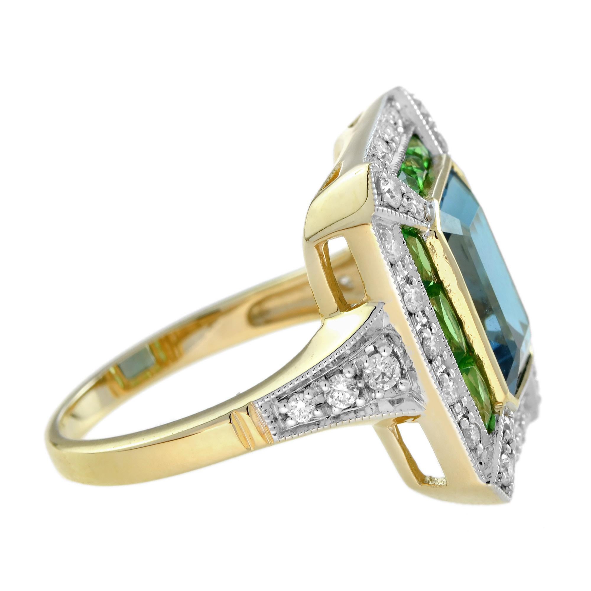 Emerald Cut London Blue Topaz Tsavorite Diamond Art Deco Style Engagement Ring in 18K Gold For Sale