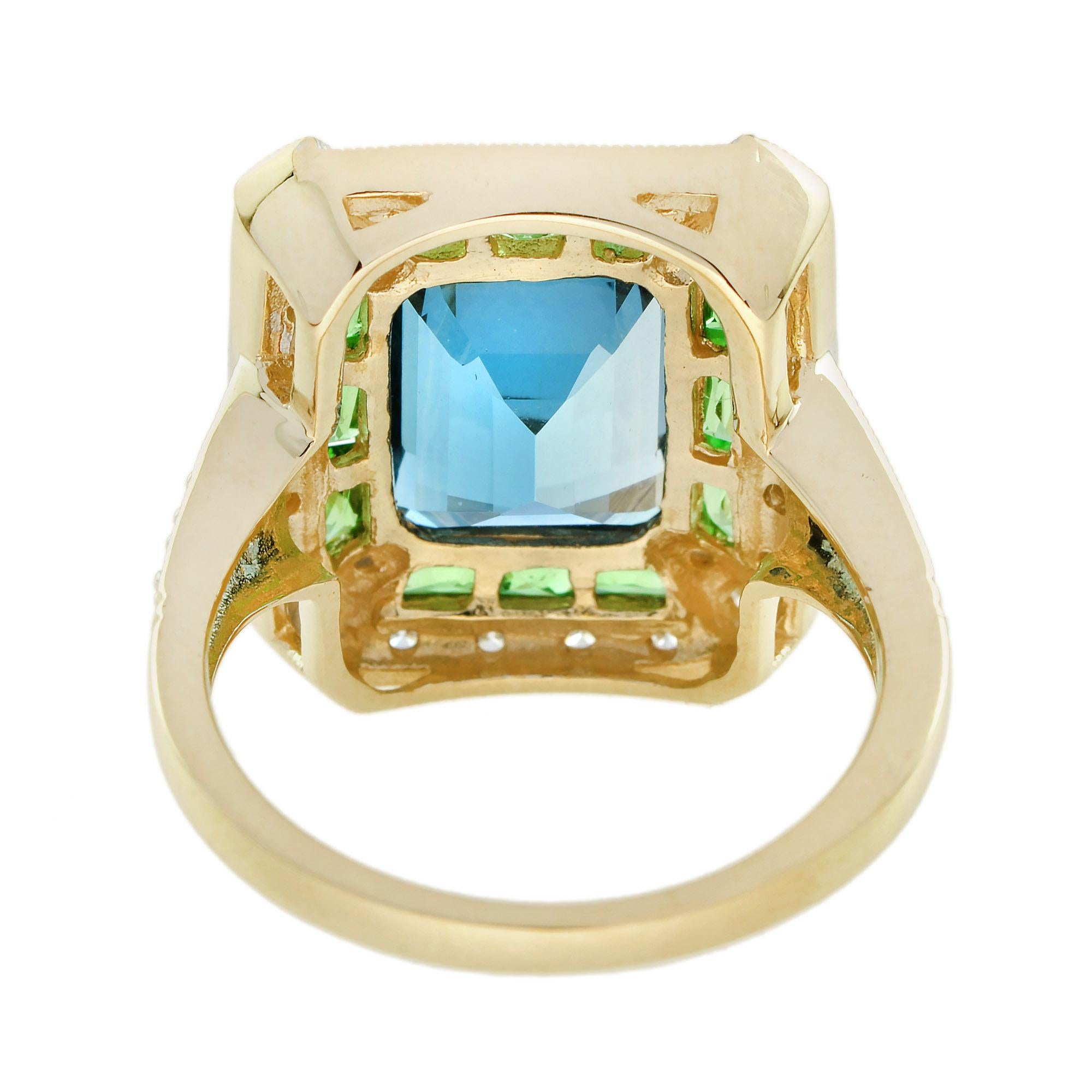 London Blue Topaz Tsavorite Diamond Art Deco Style Engagement Ring in 18K Gold In New Condition For Sale In Bangkok, TH
