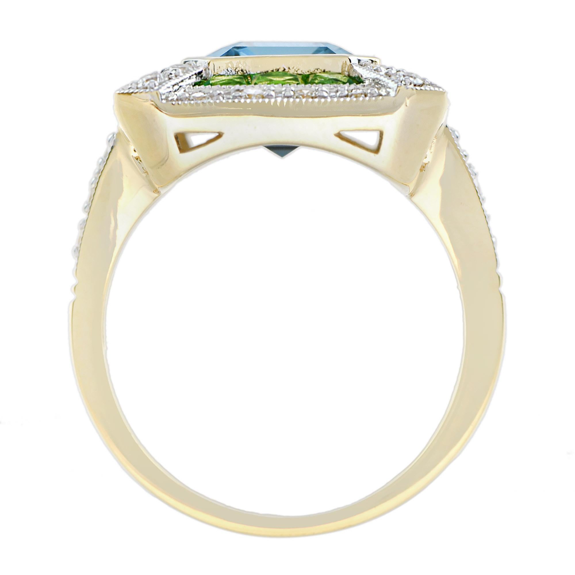 Men's London Blue Topaz Tsavorite Diamond Art Deco Style Engagement Ring in 18K Gold For Sale