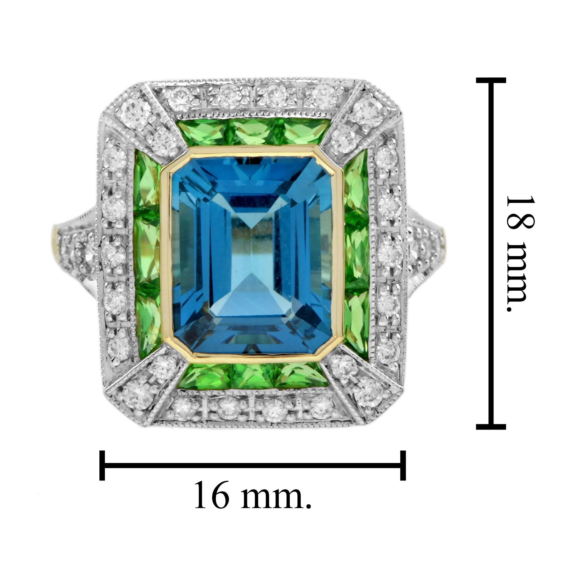 London Blue Topaz Tsavorite Diamond Art Deco Style Engagement Ring in 18K Gold For Sale 1