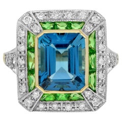 London Blue Topaz Tsavorite Diamond Art Deco Style Engagement Ring in 18K Gold