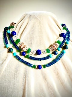 London blue topaz, turquoise, lapis lazuli, azuremalachite and gilt metal neckla