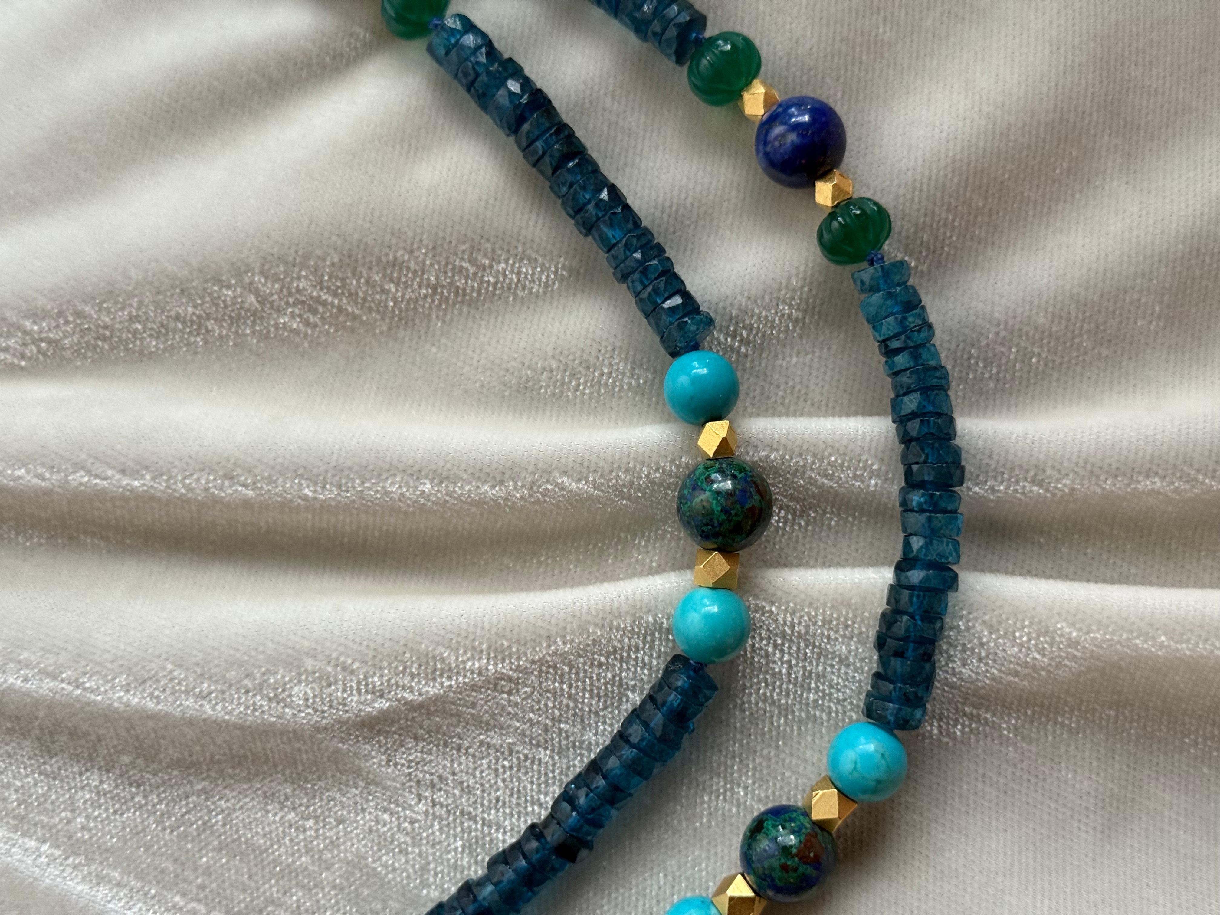 Art Deco London blue topaz, turquoise, lapis lazuli, azuremalachite and gilt metal neckla For Sale