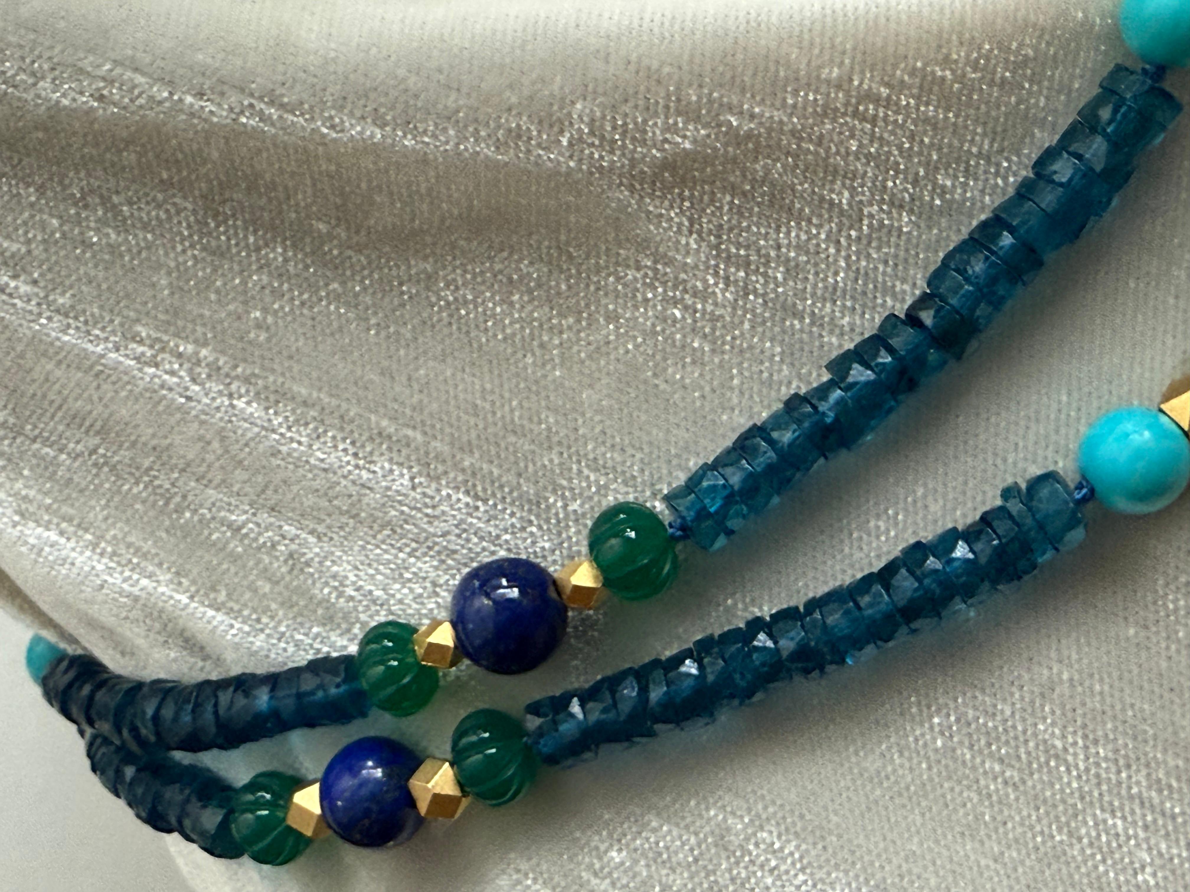 Cushion Cut London blue topaz, turquoise, lapis lazuli, azuremalachite and gilt metal neckla For Sale