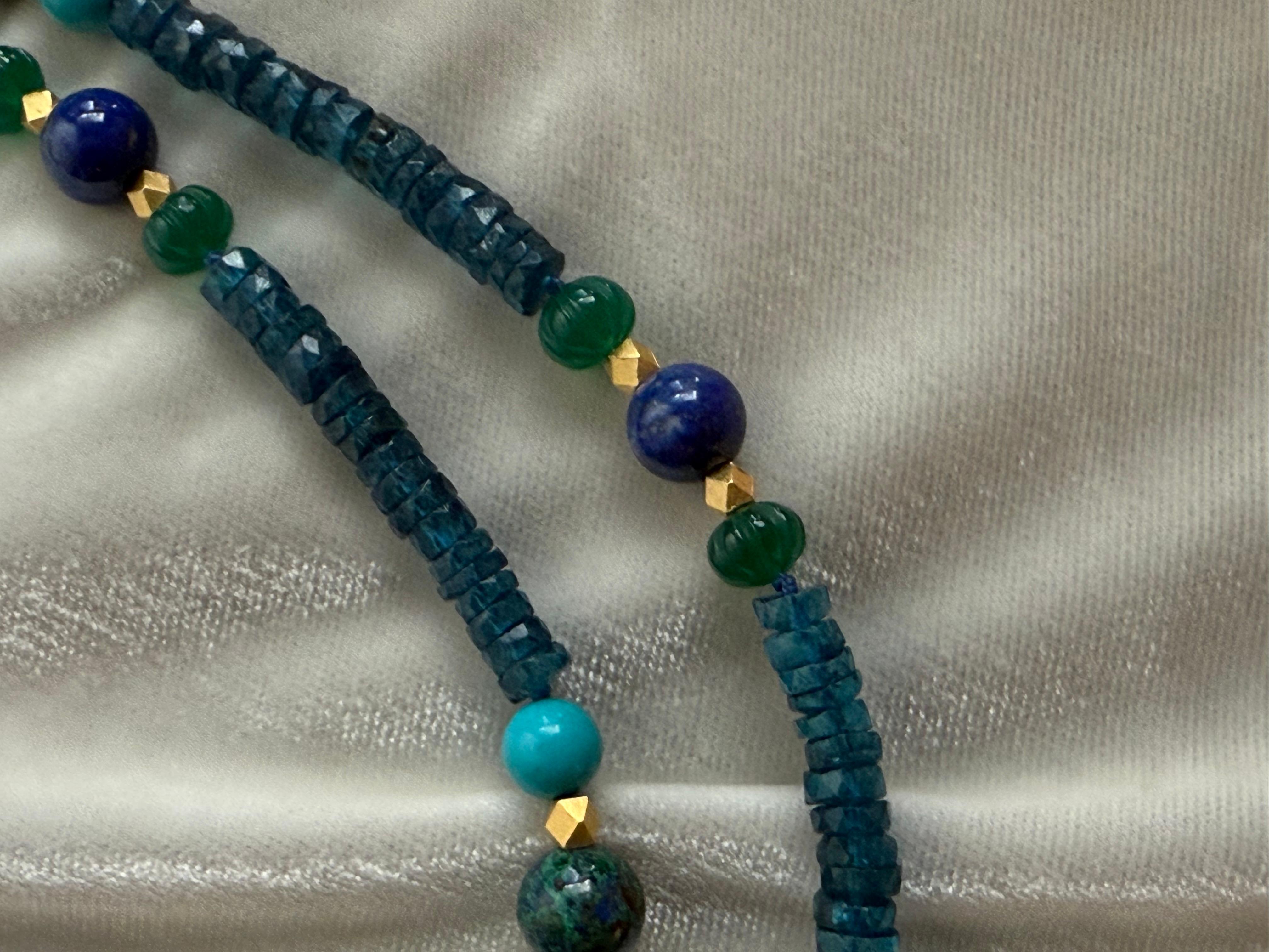 London blue topaz, turquoise, lapis lazuli, azuremalachite and gilt metal neckla In New Condition For Sale In New Orleans, LA