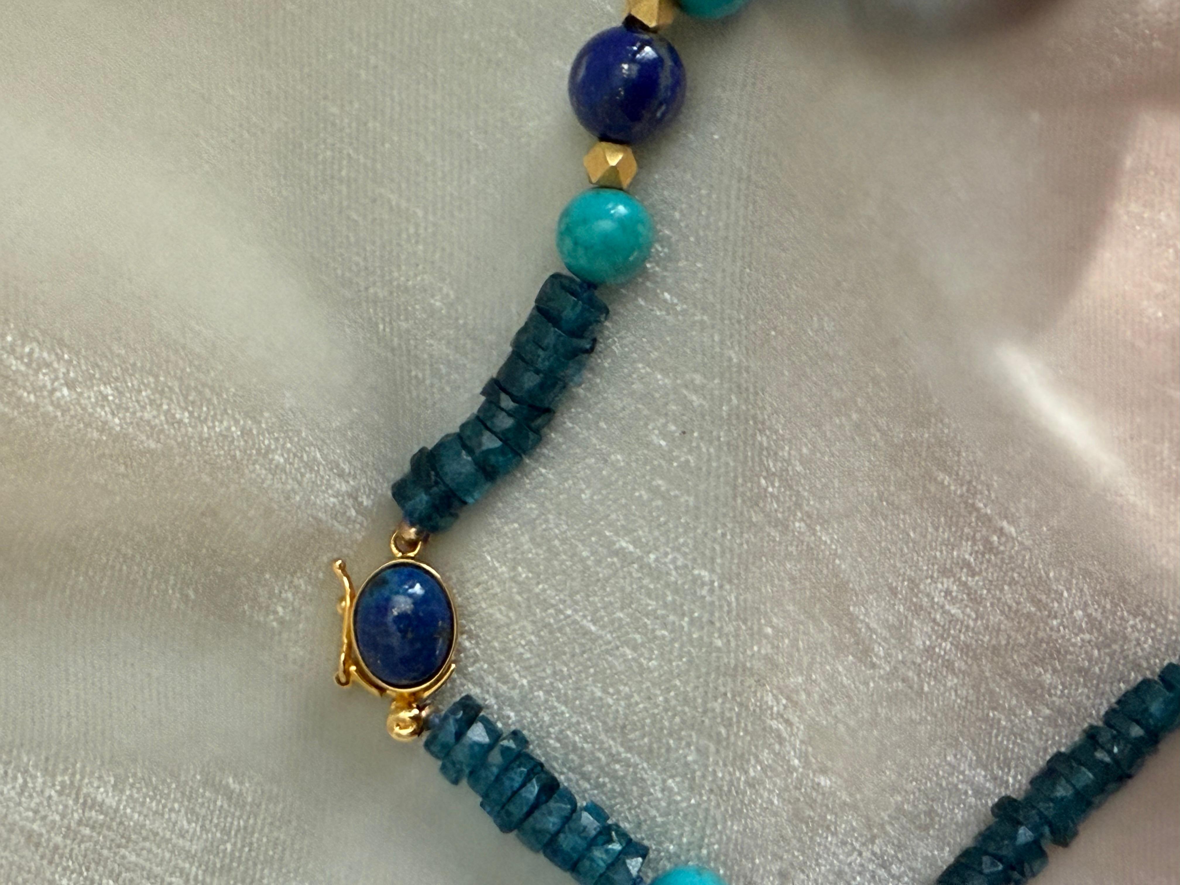 London blue topaz, turquoise, lapis lazuli, azuremalachite and gilt metal neckla For Sale 2