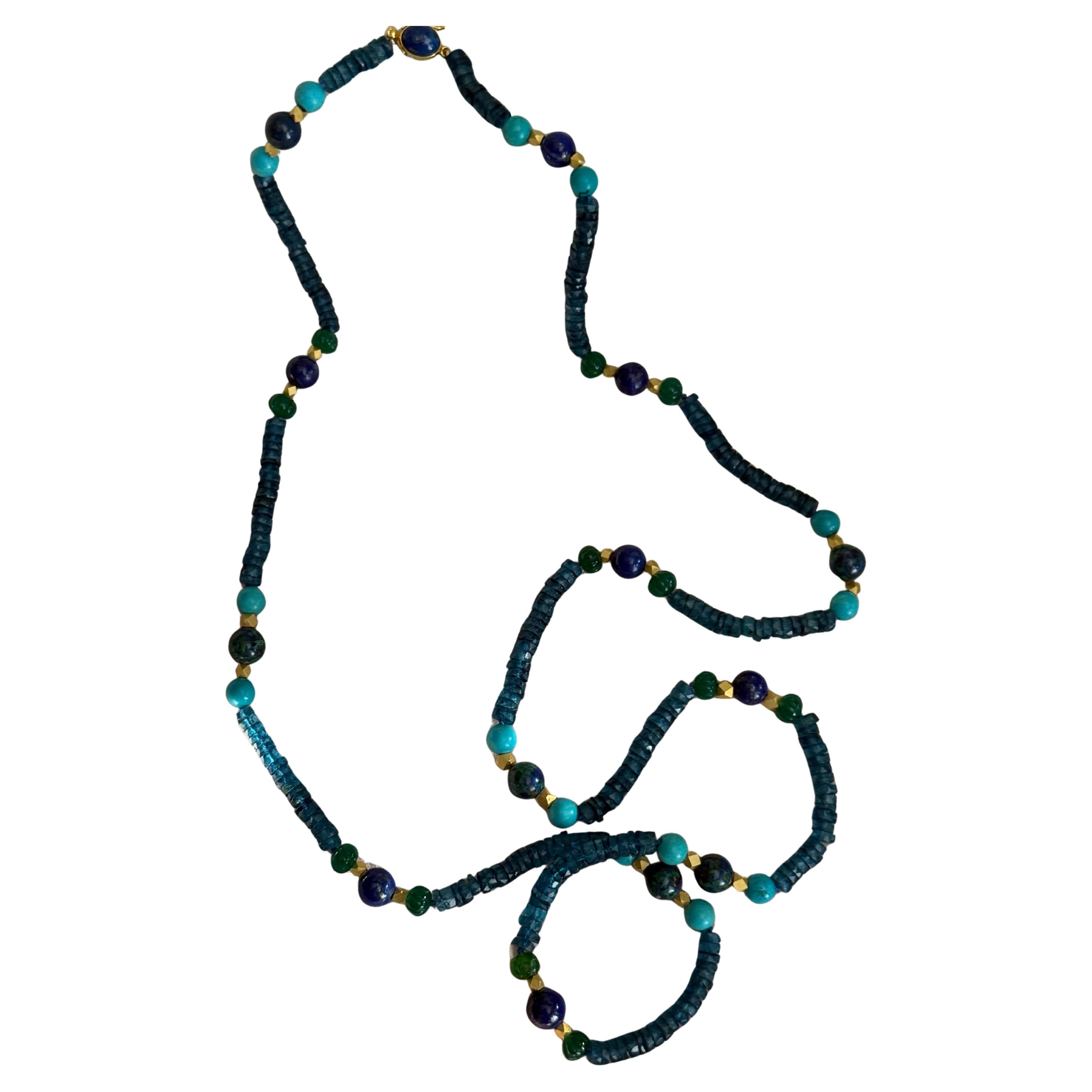London blue topaz, turquoise, lapis lazuli, azuremalachite and gilt metal neckla For Sale