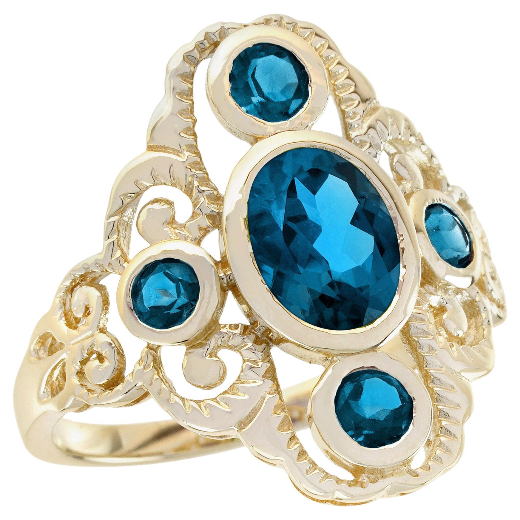 London Blue Topaz Vintage Style Cocktail Ring in Solid 14K Yellow Gold