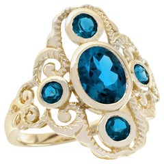 London Blue Topaz Vintage Style Cocktail Ring in Solid 14K Yellow Gold