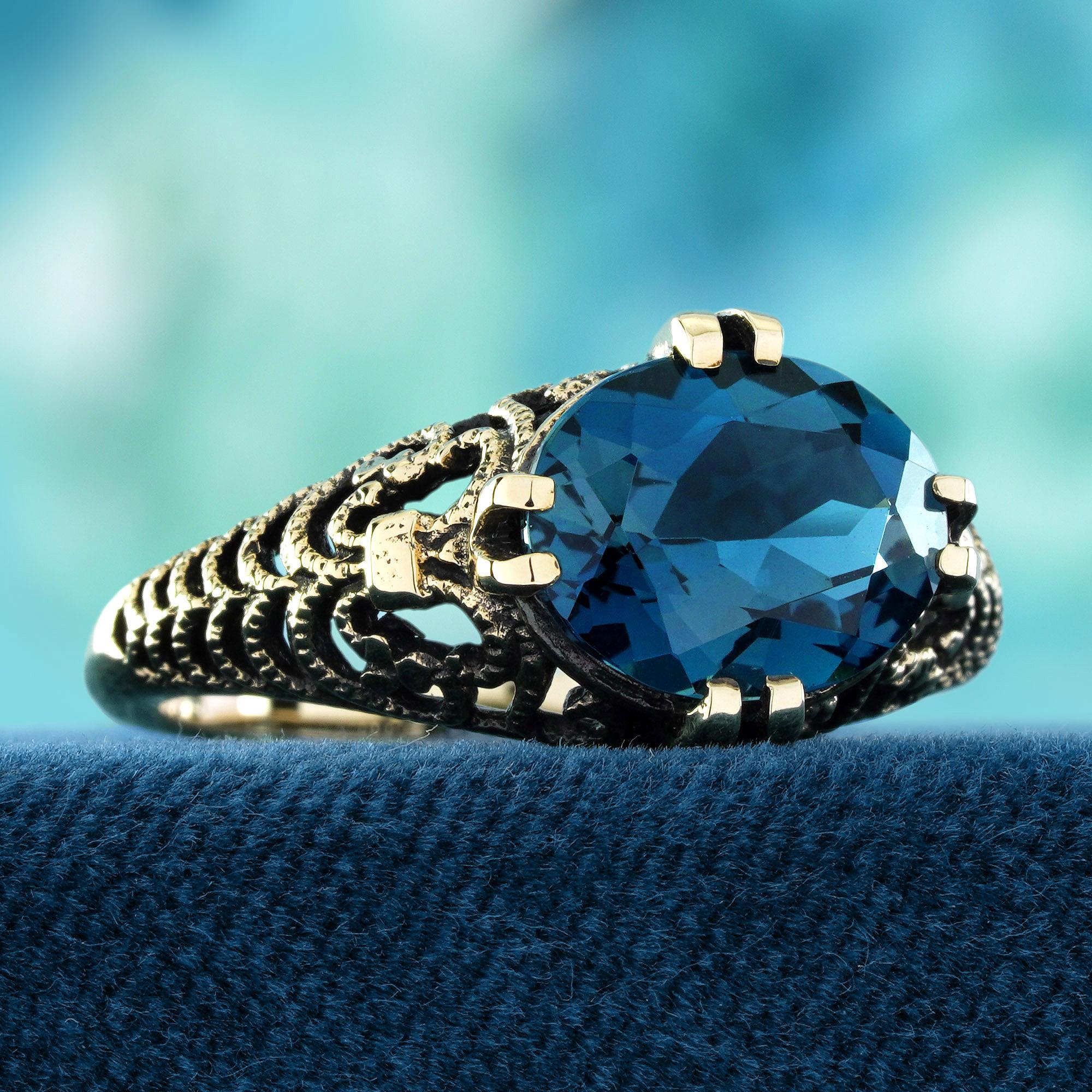 Edwardian London Blue Topaz Vintage Style Filigree Ring in Solid 9K Yellow Gold For Sale