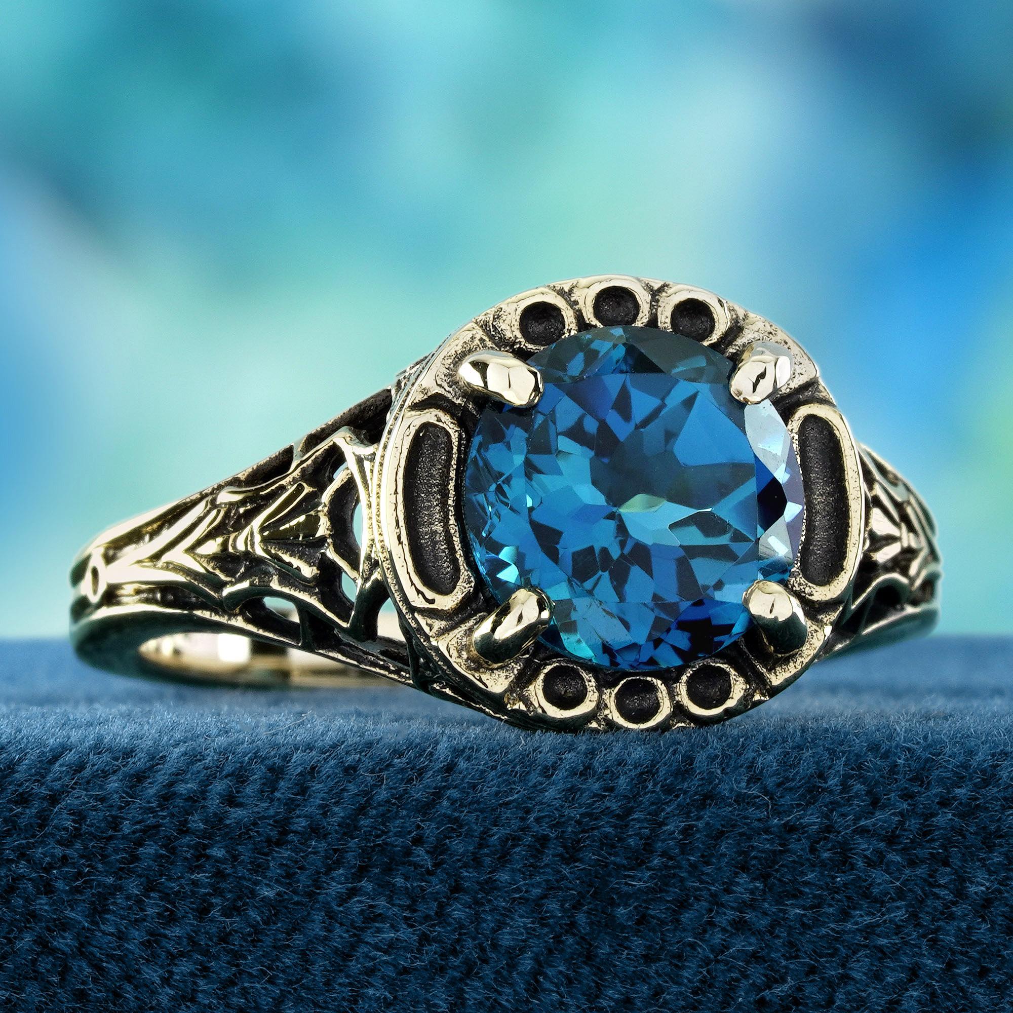 Edwardian London Blue Topaz Vintage Style Filigree Ring in Solid 9K Yellow Gold For Sale