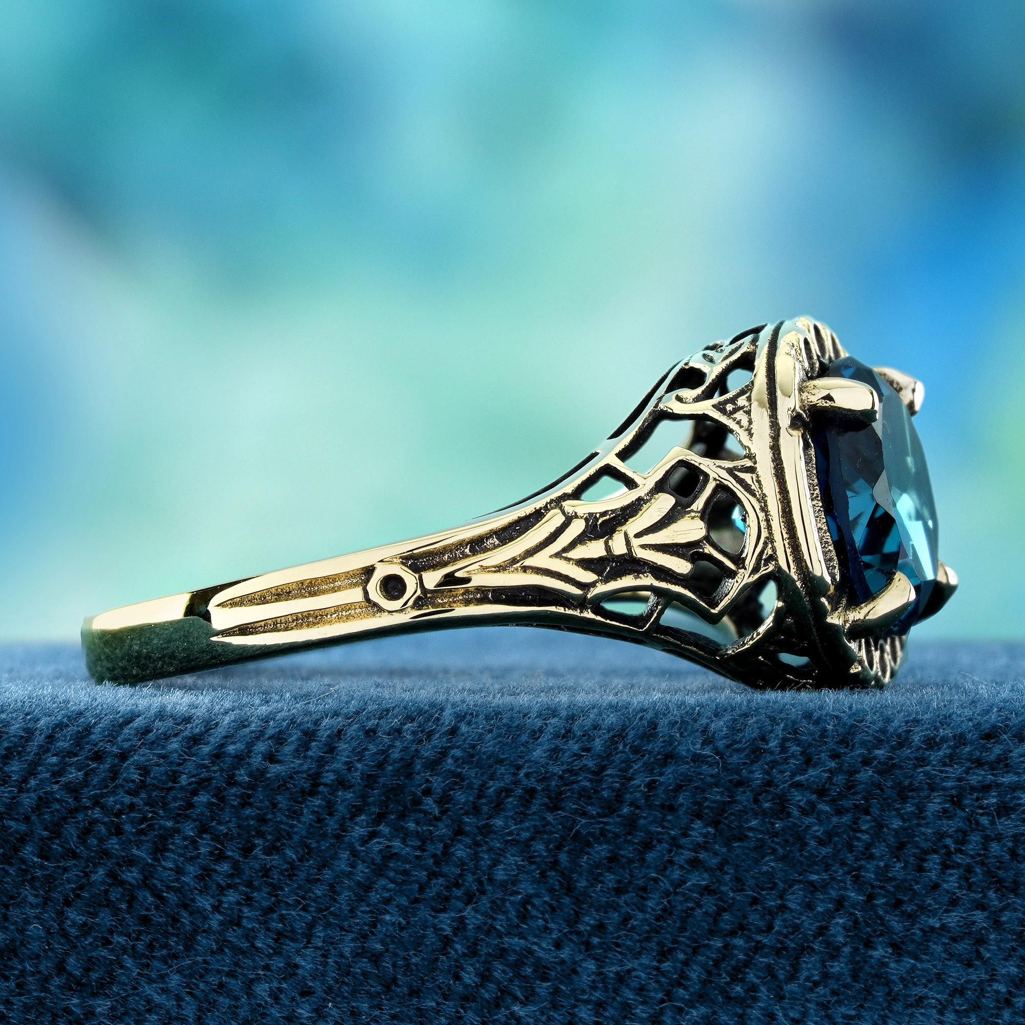 Round Cut London Blue Topaz Vintage Style Filigree Ring in Solid 9K Yellow Gold For Sale
