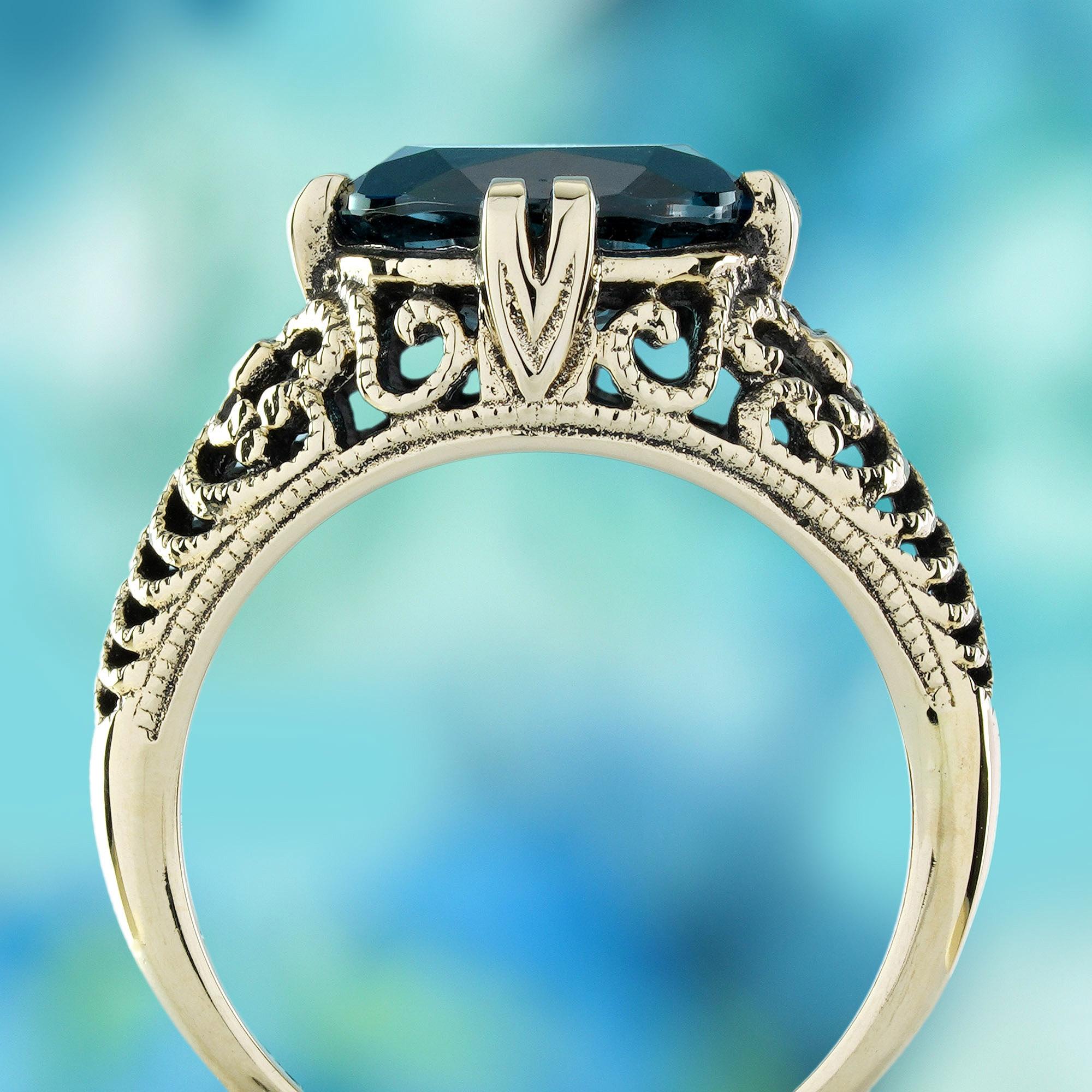 London Blue Topaz Vintage Style Filigree Ring in Solid 9K Yellow Gold In New Condition For Sale In Bangkok, TH