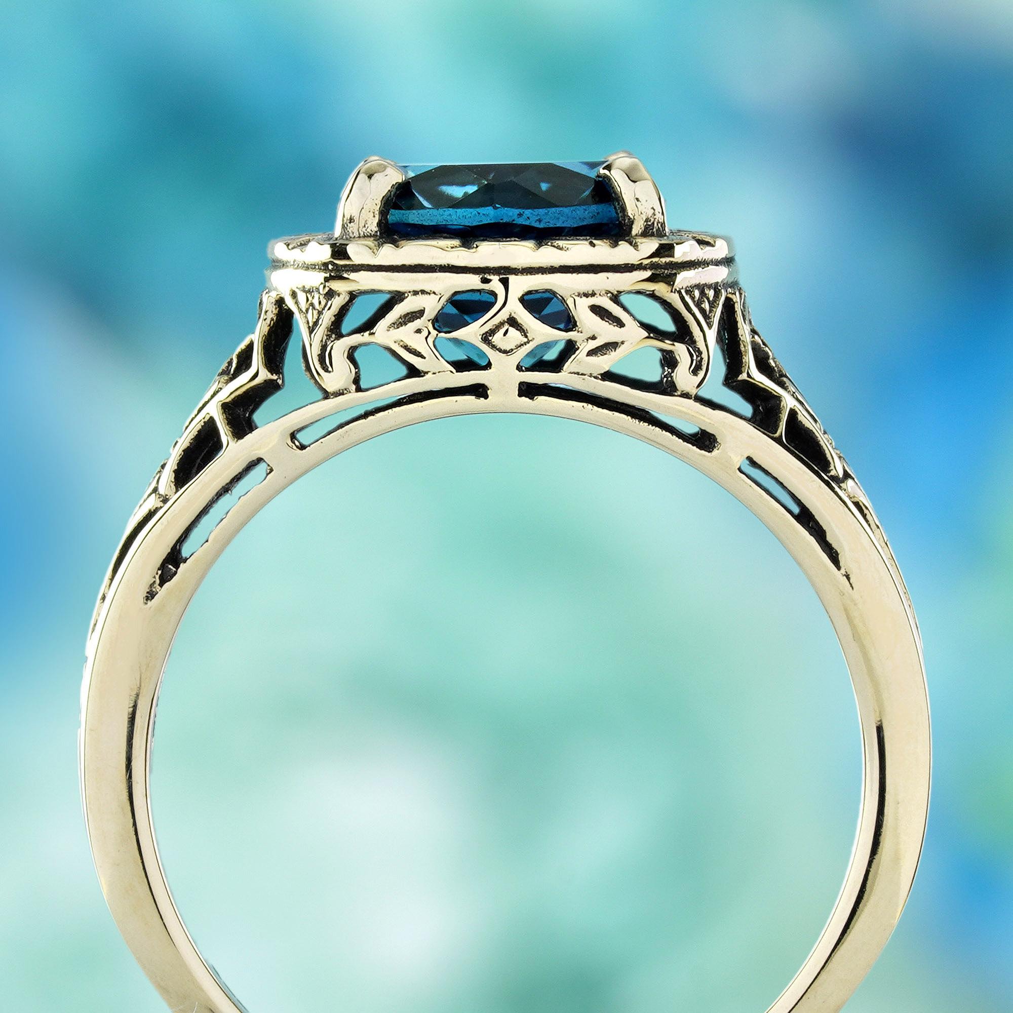 London Blue Topaz Vintage Style Filigree Ring in Solid 9K Yellow Gold In New Condition For Sale In Bangkok, TH