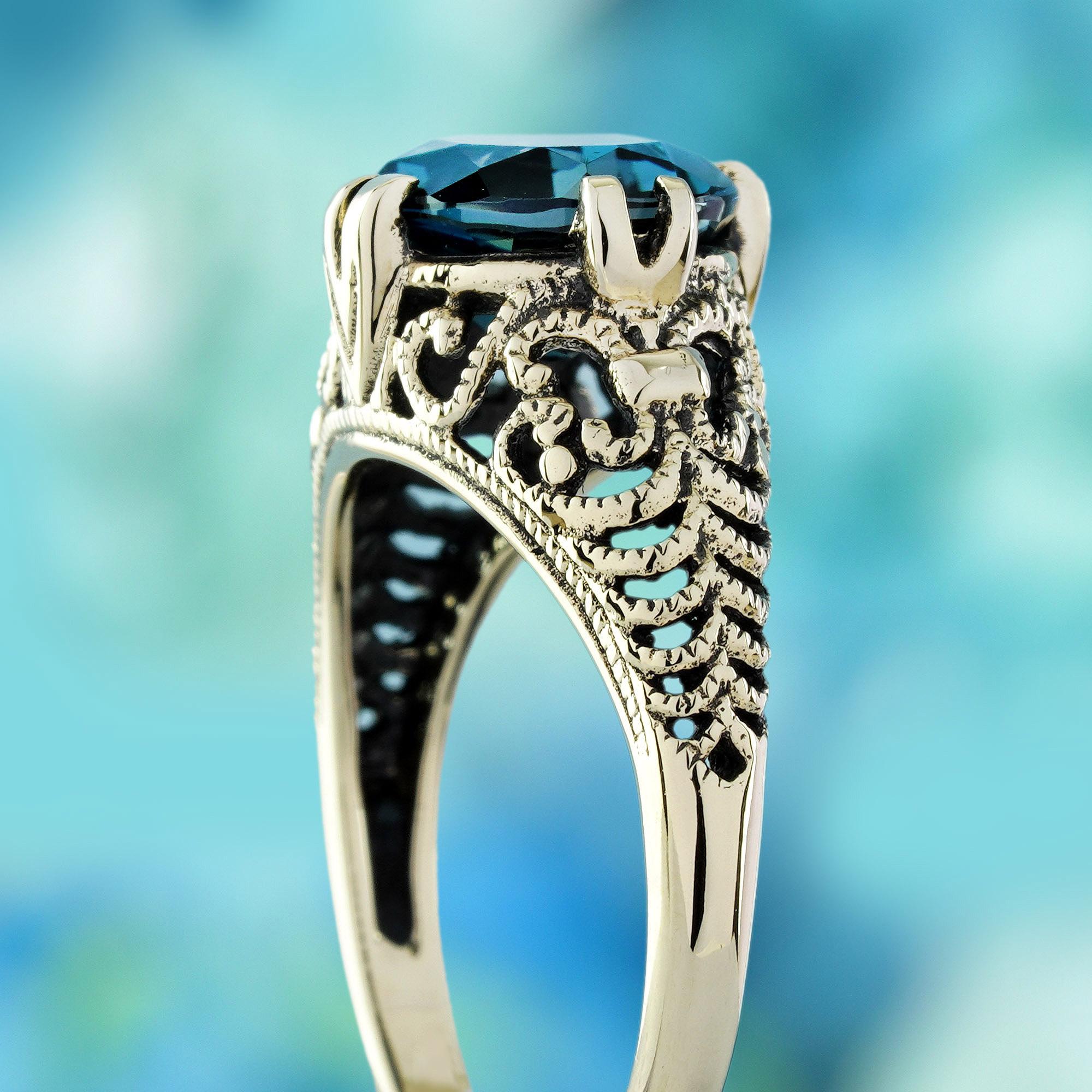 Women's or Men's London Blue Topaz Vintage Style Filigree Ring in Solid 9K Yellow Gold For Sale