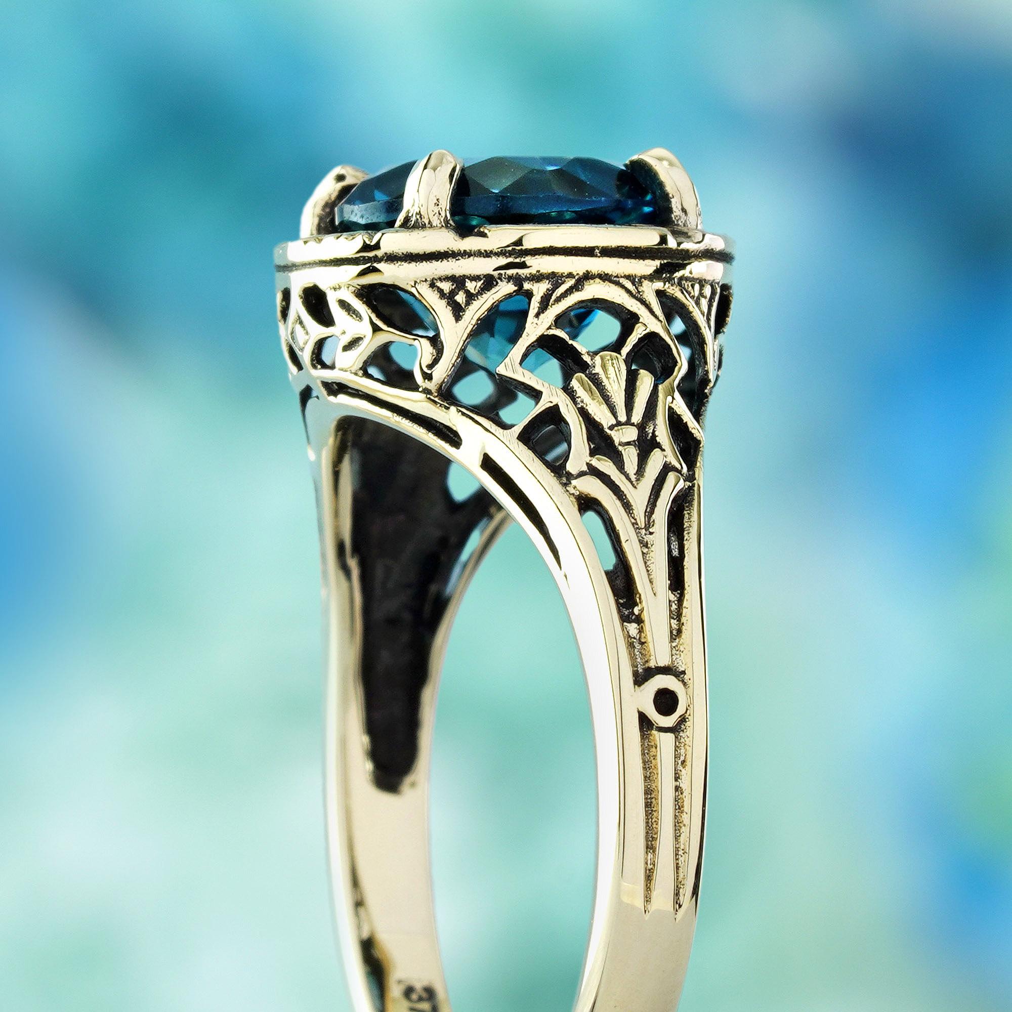Women's or Men's London Blue Topaz Vintage Style Filigree Ring in Solid 9K Yellow Gold For Sale