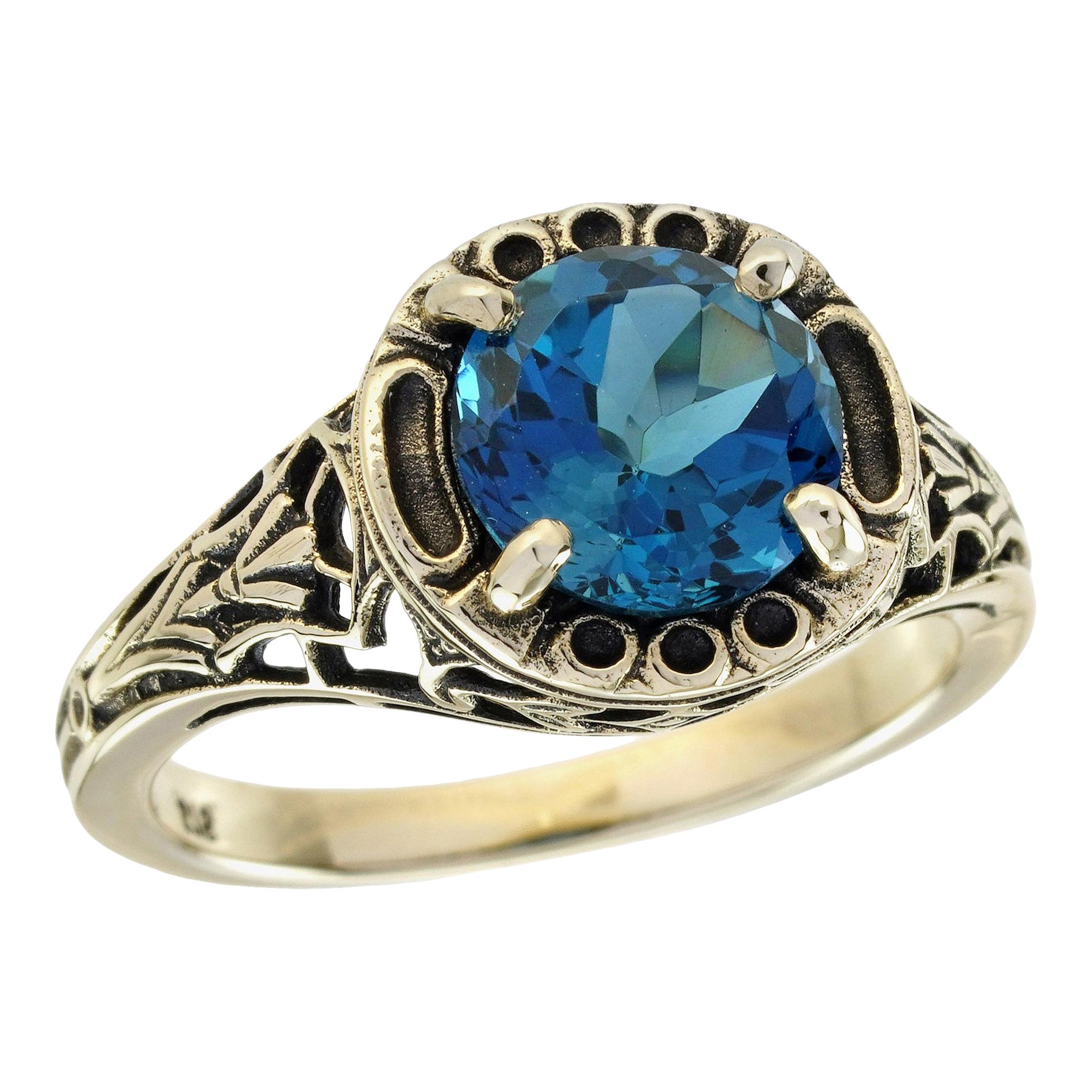 London Blue Topaz Vintage Style Filigree Ring in Solid 9K Yellow Gold