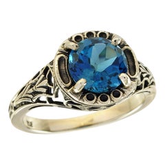London Blue Topaz Vintage Style Filigree Ring in Solid 9K Yellow Gold