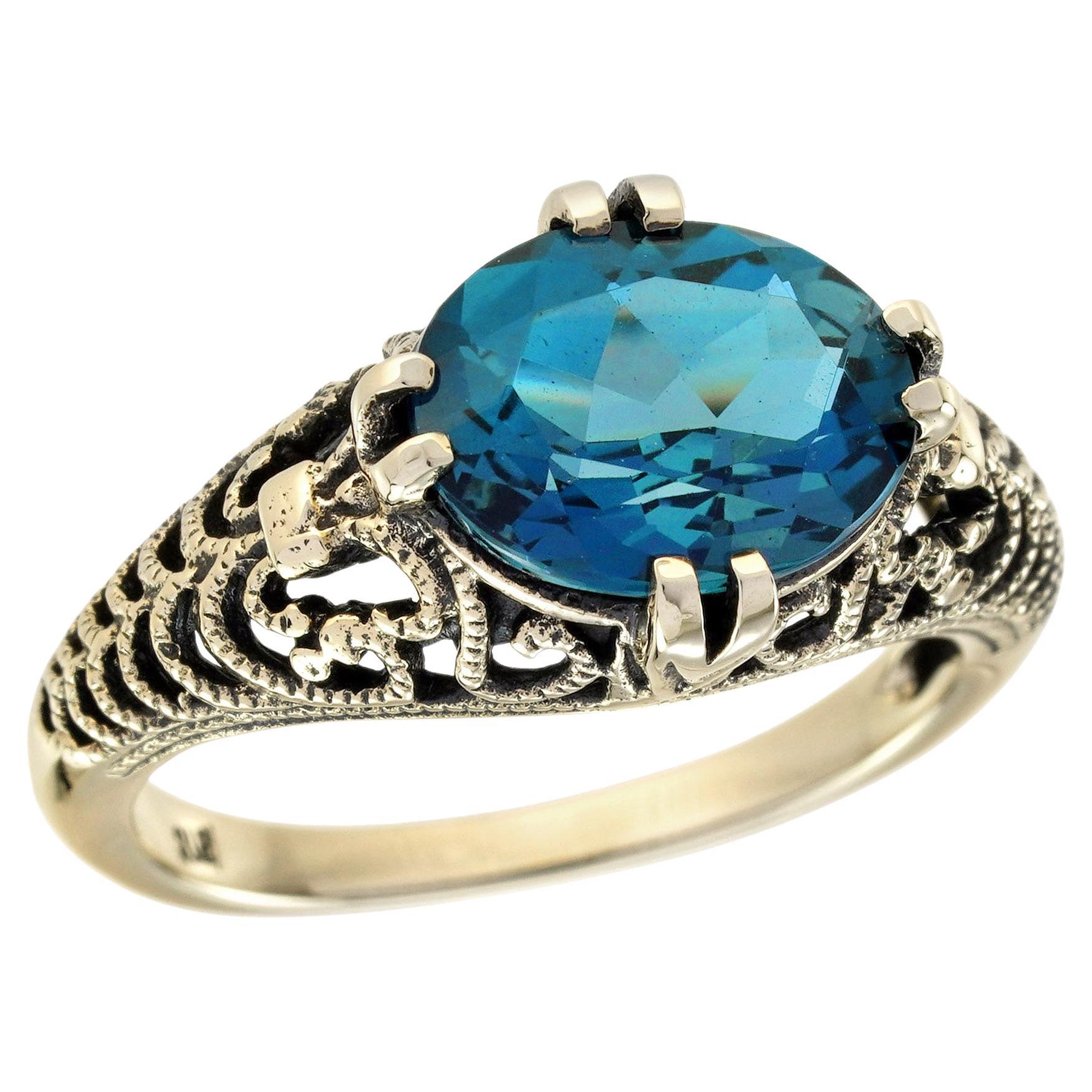 London Blue Topaz Vintage Style Filigree Ring in Solid 9K Yellow Gold