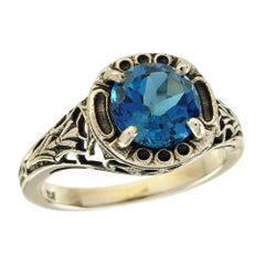 London Blue Topaz Vintage Style Filigree Ring in Solid 9K Yellow Gold