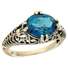 London Blue Topaz Vintage Style Filigree Ring in Solid 9K Yellow Gold