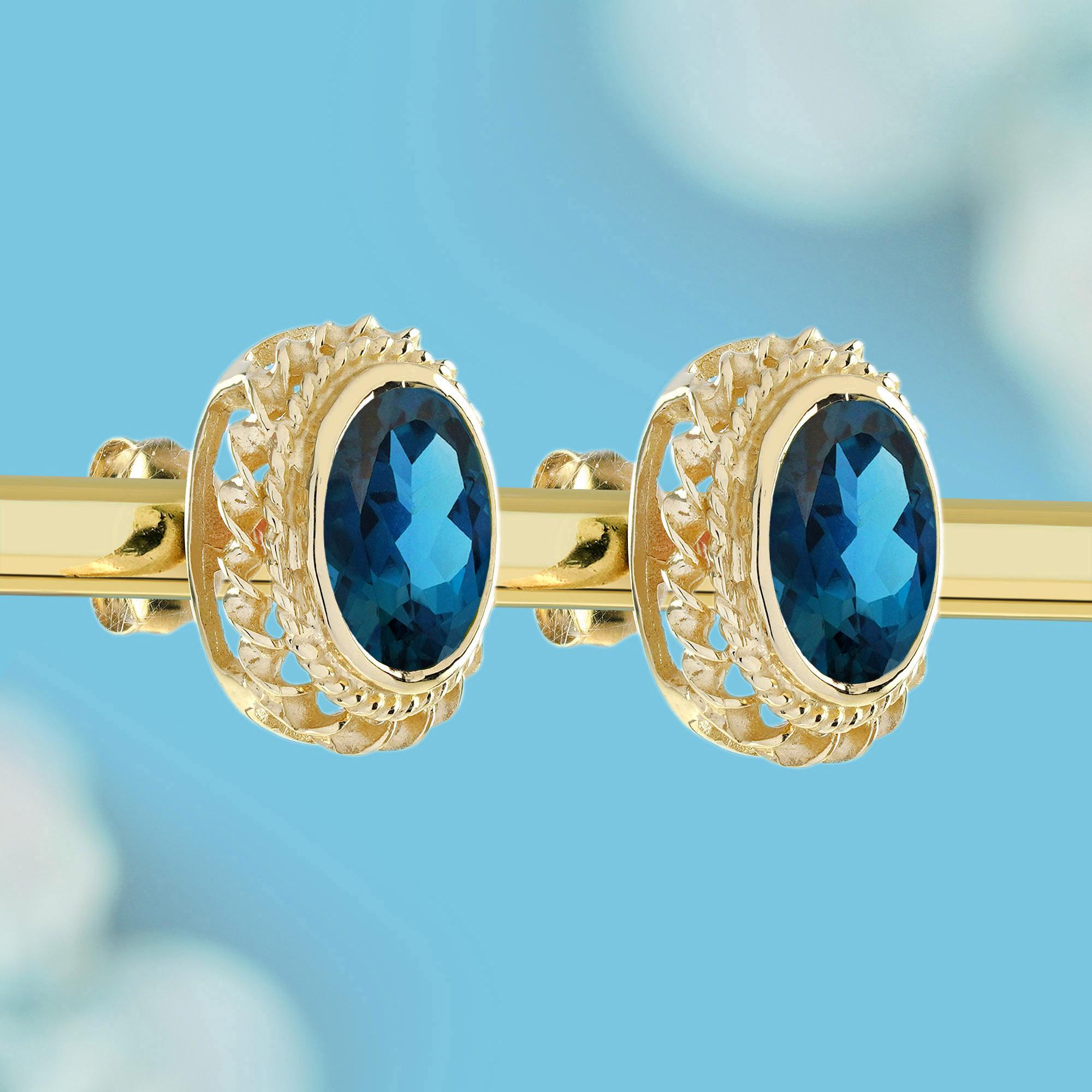 Londoner blauer Topas Vintage-Ohrstecker im Vintage-Stil mit Seilmotiv aus massivem 9K Gold (Edwardian) im Angebot