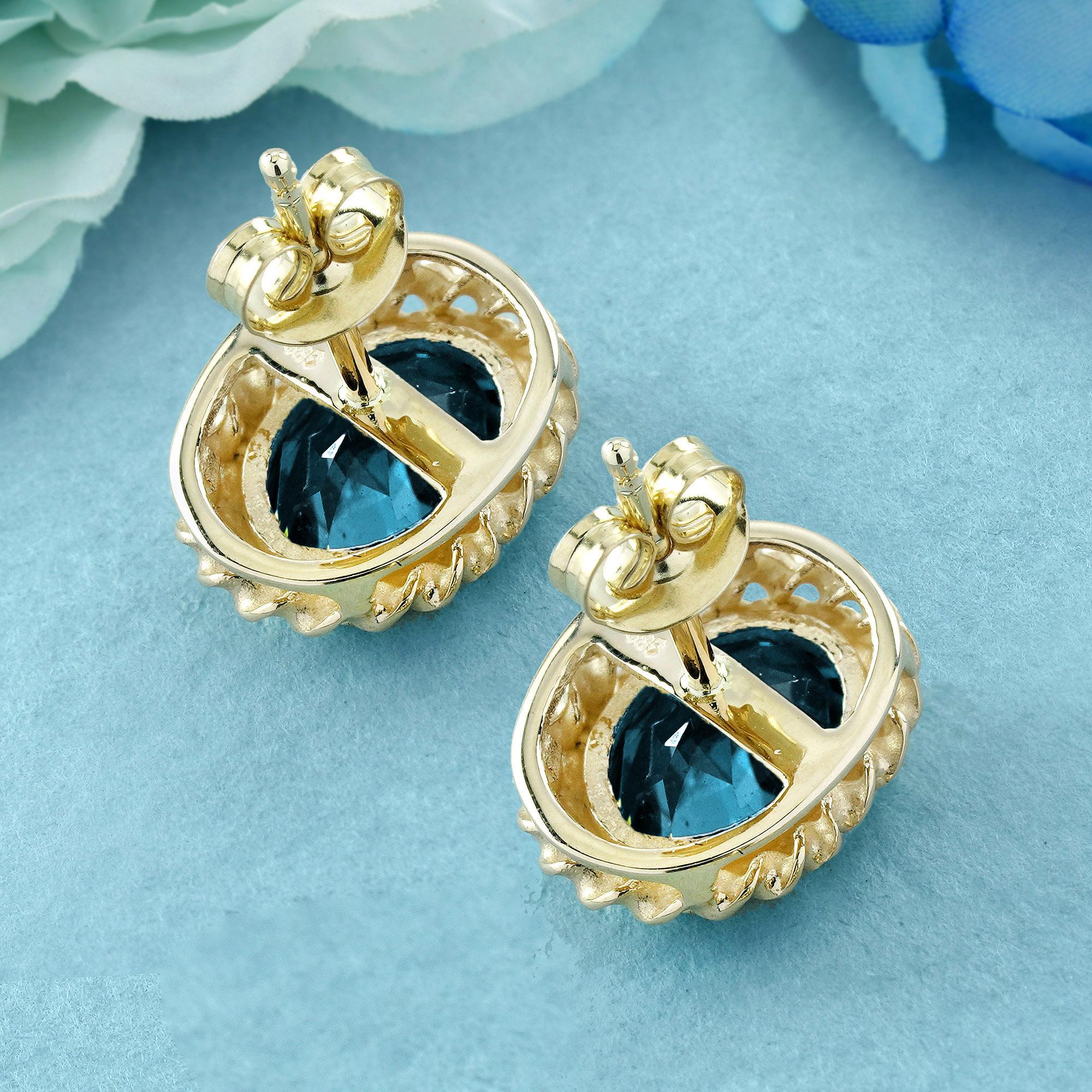 Londoner blauer Topas Vintage-Ohrstecker im Vintage-Stil mit Seilmotiv aus massivem 9K Gold (Ovalschliff) im Angebot