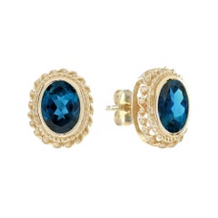 Orecchini a perno con motivo a corda in oro massiccio 9 carati in stile vintage con Topazio Blu di Londra