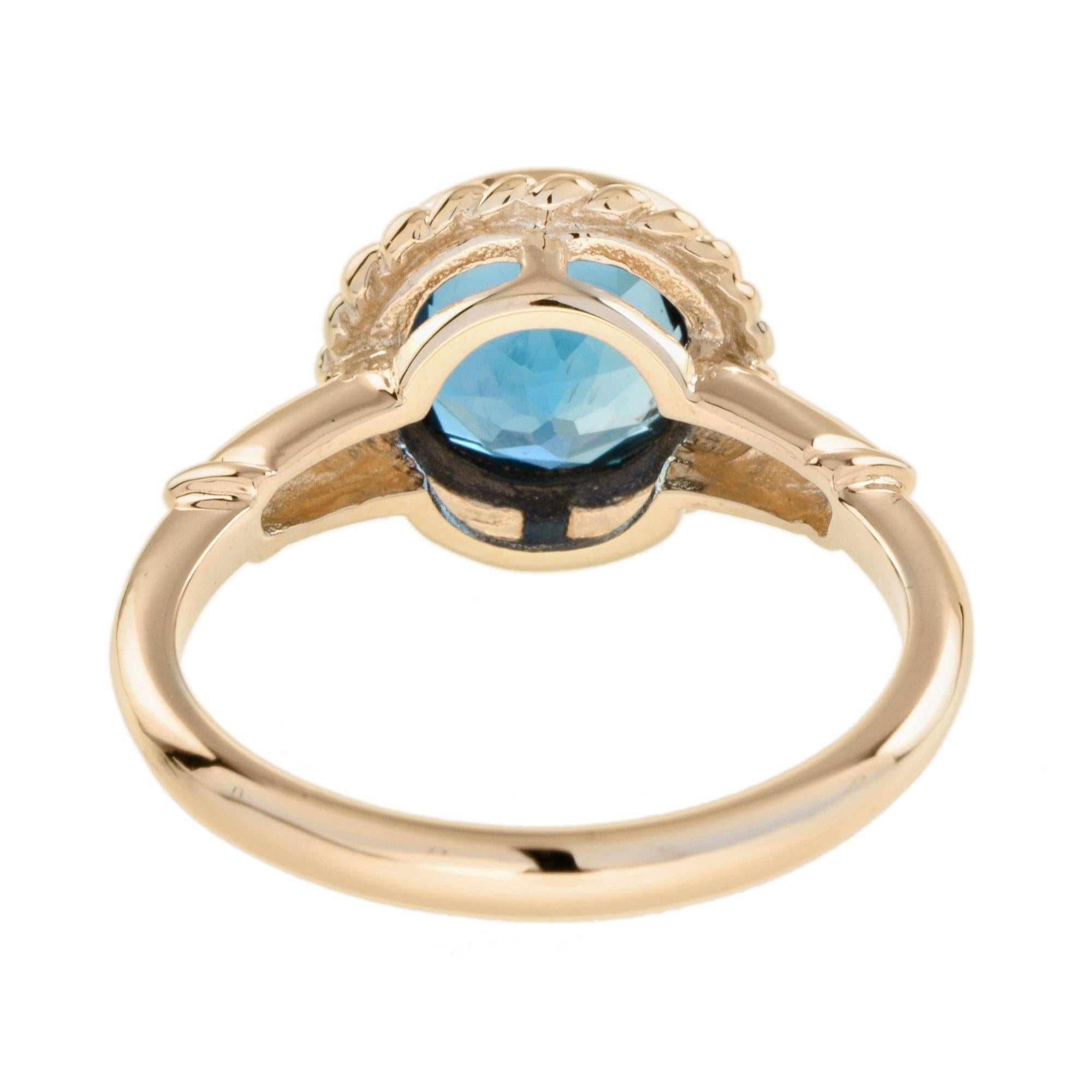 London Blue Topaz Vintage Style Solitaire Ring in 9k Yellow Gold In New Condition For Sale In Bangkok, TH
