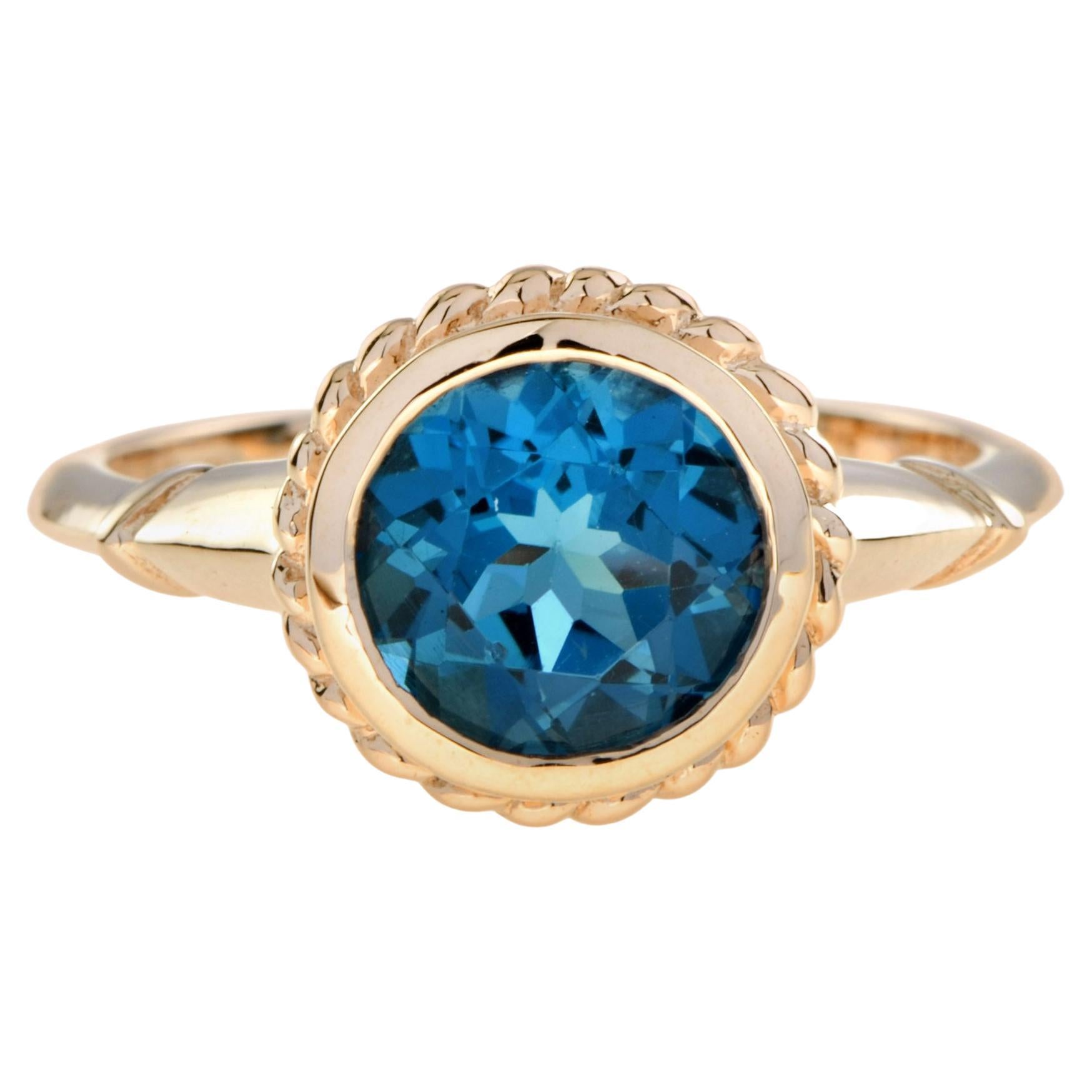 London Blue Topaz Vintage Style Solitaire Ring in 9k Yellow Gold For Sale