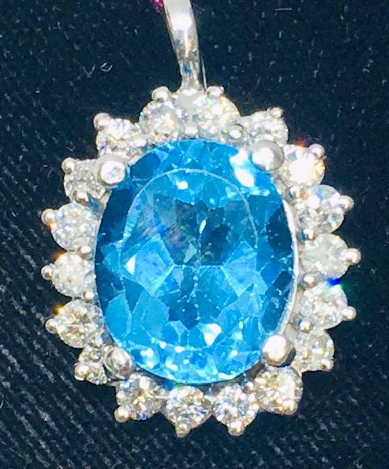 Women's London Blue Topaz VS Diamond Halo Necklace Pendant For Sale