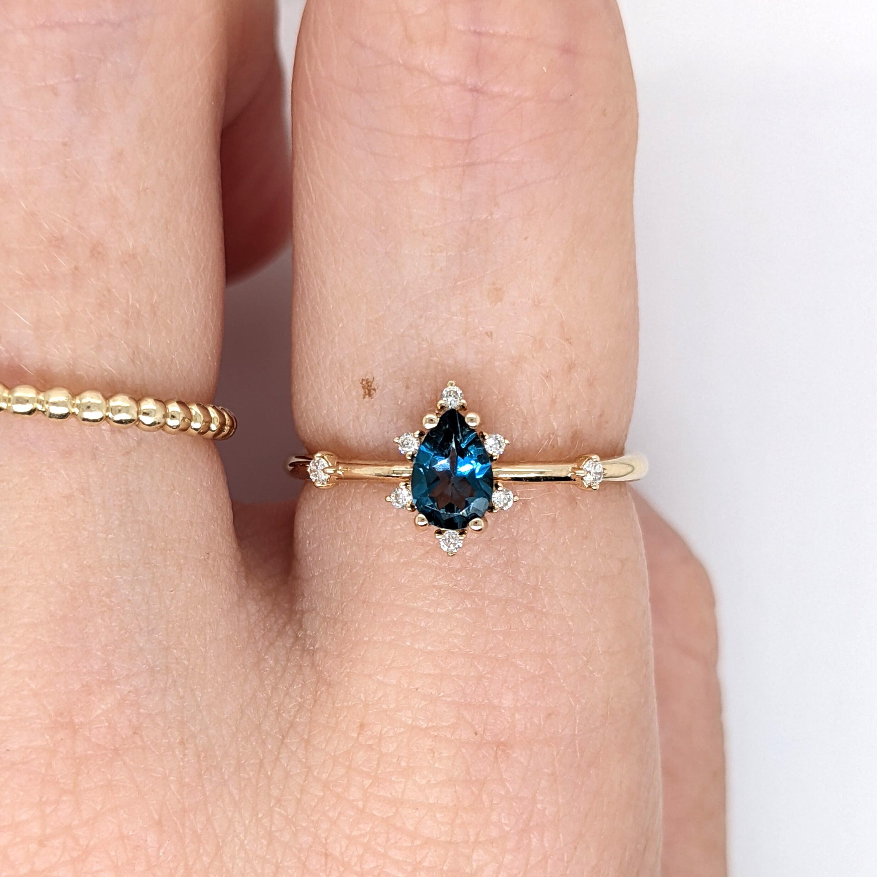 London Blue Topaz w Diamond Accents in 14k Solid Yellow Gold Pear Shape 6x4mm In New Condition In Columbus, OH