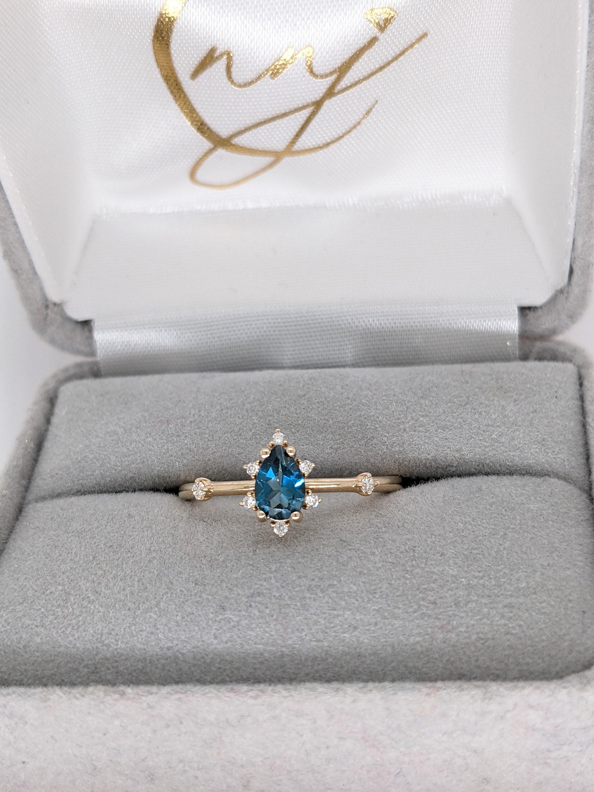 London Blue Topaz w Diamond Accents in 14k Solid Yellow Gold Pear Shape 6x4mm 1