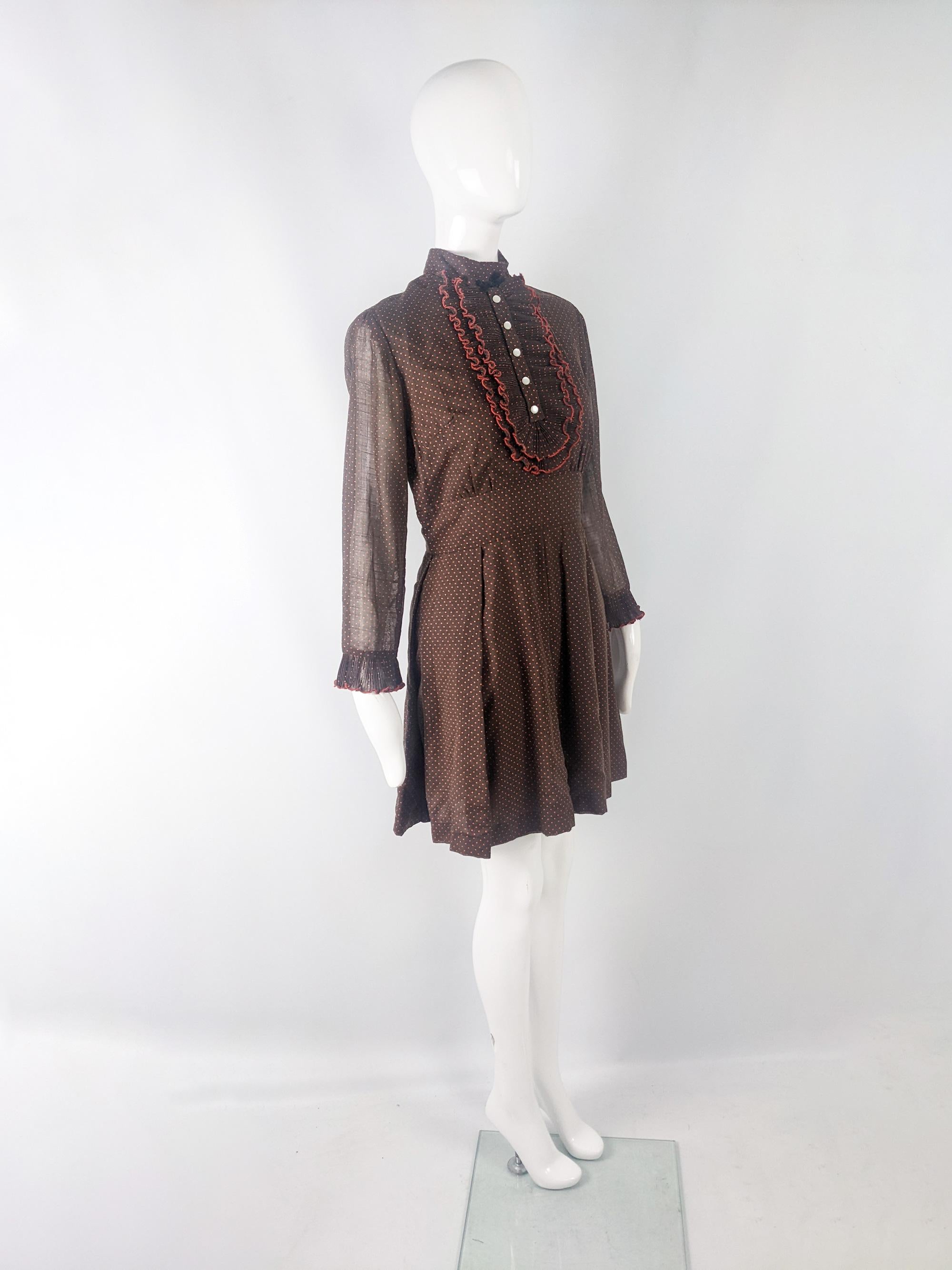 Black London Deb Vintage 60s 70s Long Sleeve Brown Ruffle Mini Dress, 1960s 1970s 