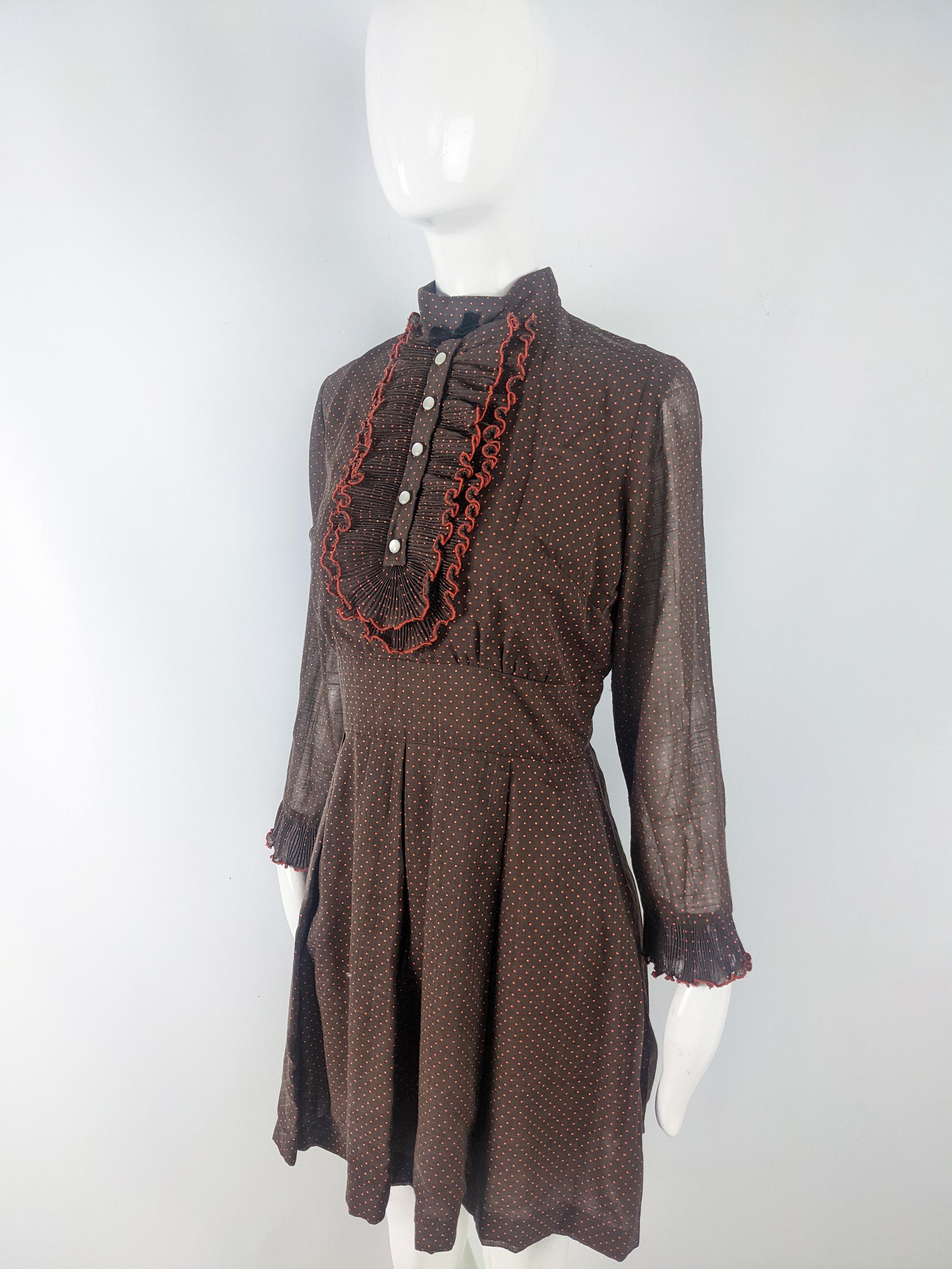 London Deb Vintage 60s 70s Long Sleeve Brown Ruffle Mini Dress, 1960s 1970s  2