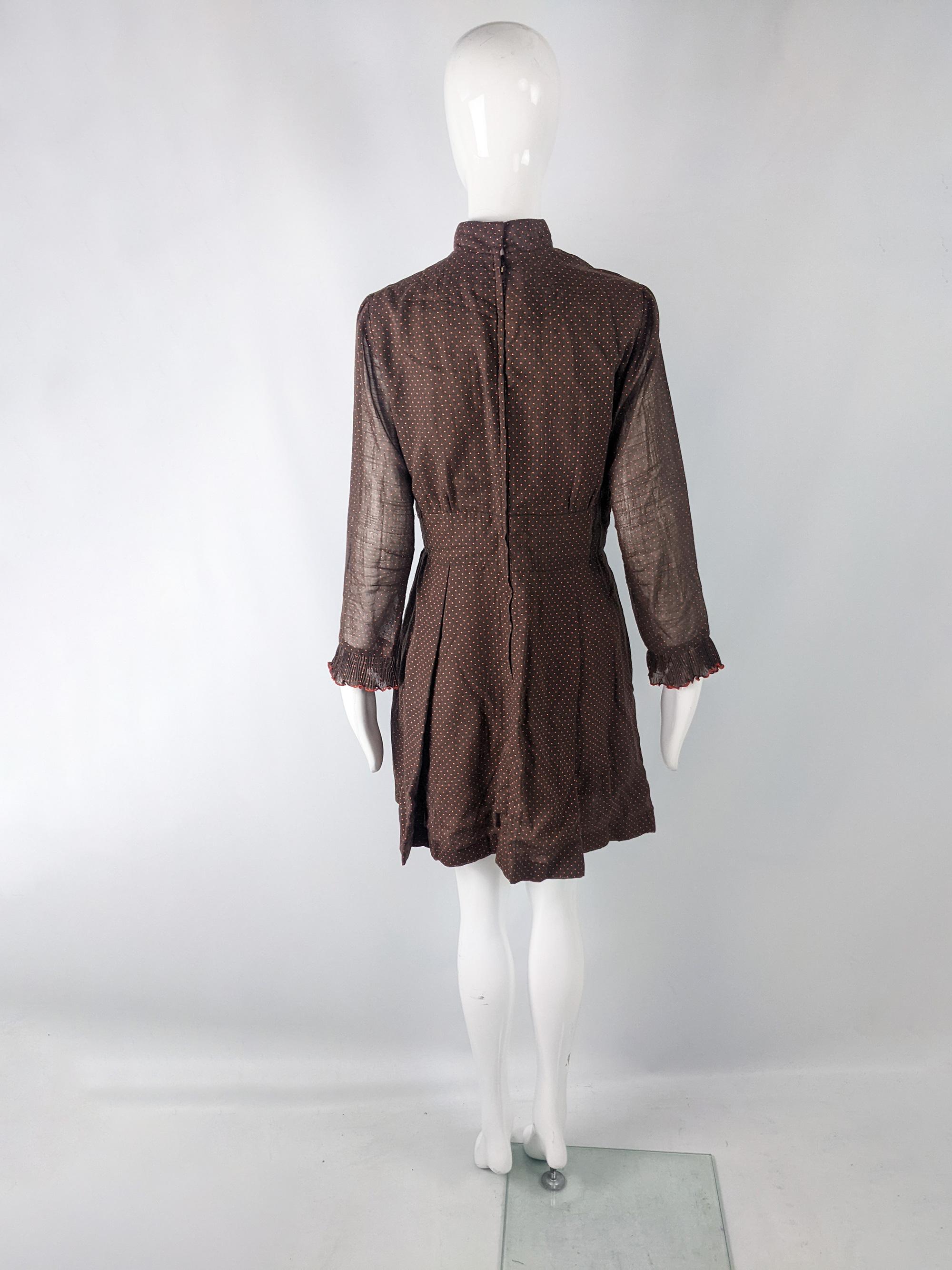 London Deb Vintage 60s 70s Long Sleeve Brown Ruffle Mini Dress, 1960s 1970s  4