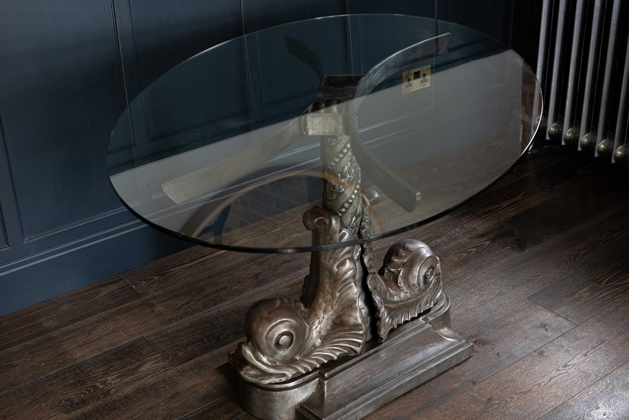 20th Century London Embankment Cast Iron Sturgeon Table with Rotating Glass Top, circa 1980s For Sale